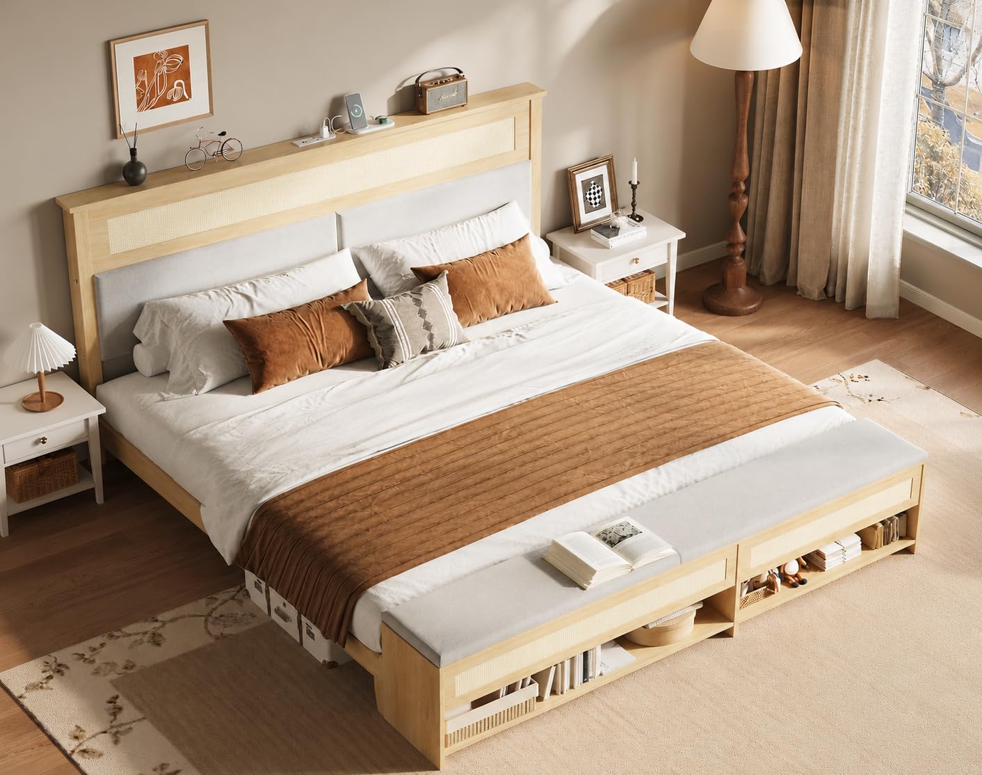 VINGLI King Size Rattan Bed Frame with Bench and Headboard,Large Boho Bed with Storage and Footboard Cabinet,Wood Platform Bed wirh Shelves,No Box Spring Needed, Natural Wood