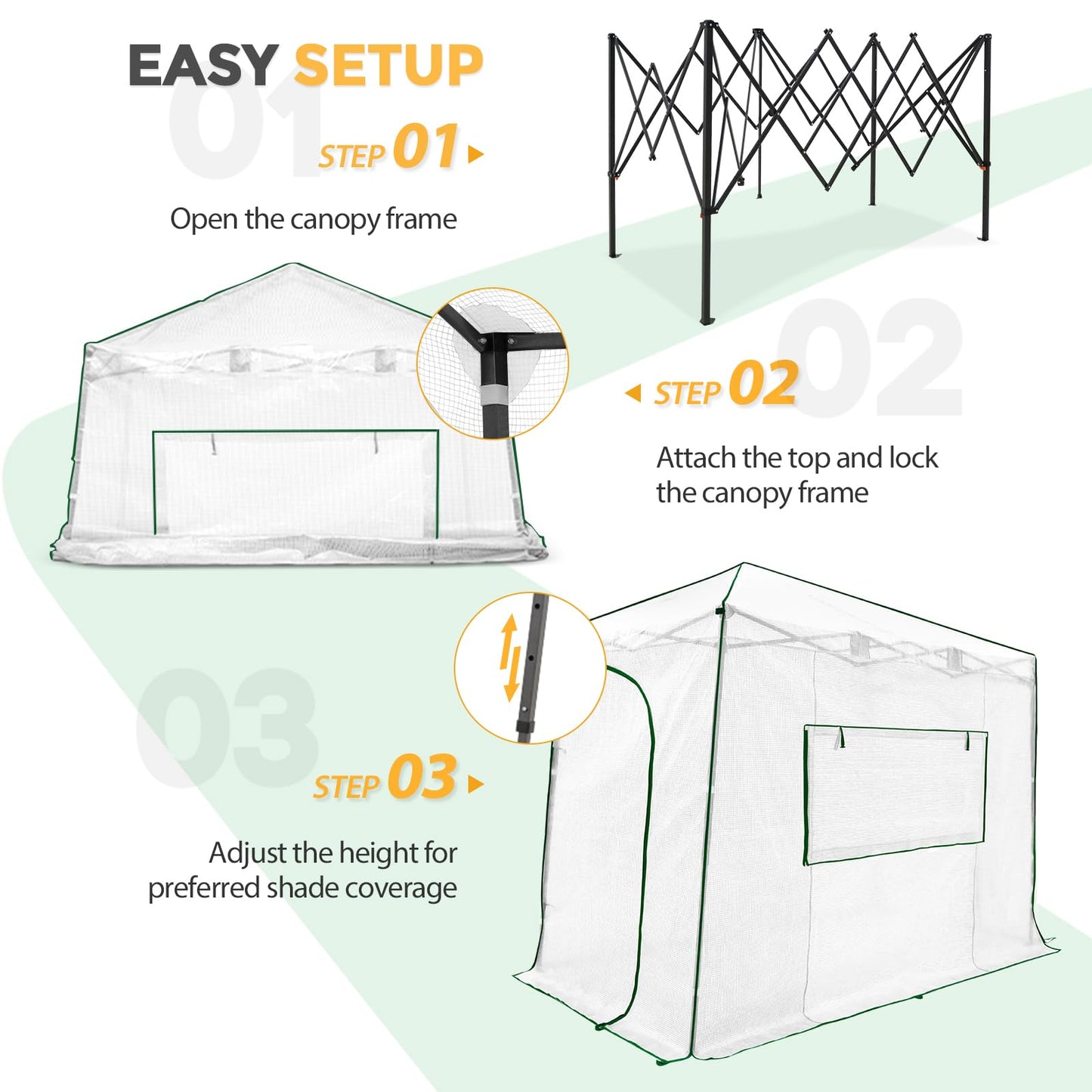 EAGLE PEAK 10x5 Portable Walk in Greenhouse, Pop Up Indoor Outdoor Greenhouse, Green House Kit with Zippered Roll-Up Doors and Windows, Lean-to Design, PE Cover, Clear/White