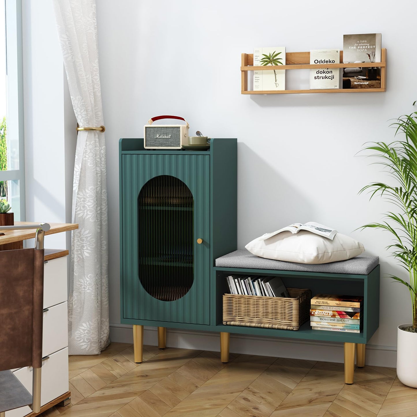 HLR Storage Bench Set of 2, Green Modern Entryway Shoe Cabinet Bench with Glass Door&Shelf, L-Shaped Storage Cabinet with Padded Seat for Hallway, Bedroom, Living Room, Office