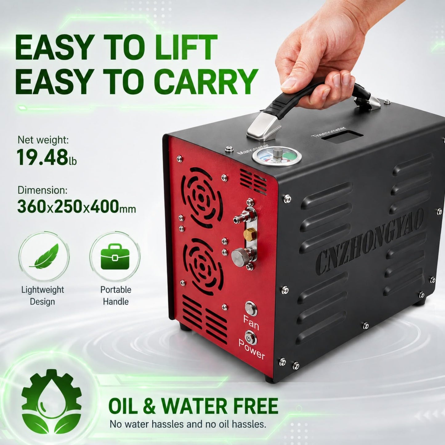 PORTAIR 4500PSI Portable HPA Compressor,Auto-Stop, Oil/Water-Free, Built-in Power Converter PCP Air Compressor for Air Rifle, Scuba Tank, Powered by Car Battery 12V DC or Home 110V AC (Black)