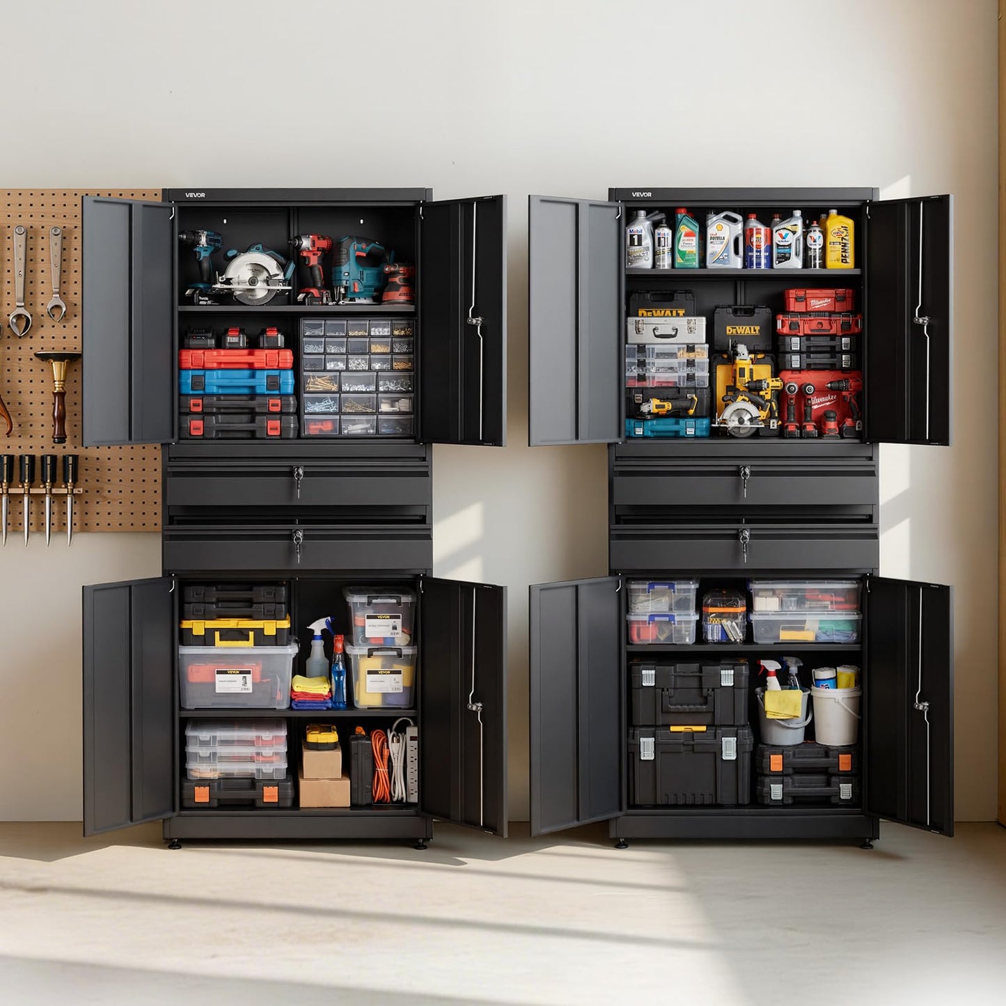 VEVOR Metal Storage Cabinet, 180 lbs Shelf Load Capacity, 70.87" Tall Garage Tool Storage Cabinet with 4 Locking Doors and Adjustable Shelves, 2 Drawers, for Garage, Home, Office, Utility Room, Black