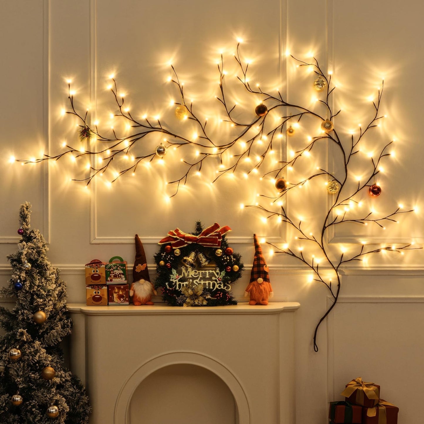 CAMANTU Willow Vine Lights, 160 LEDs, 9.5 ft, Remote Control, 8 Modes, Indoor Christmas Decor, Brown