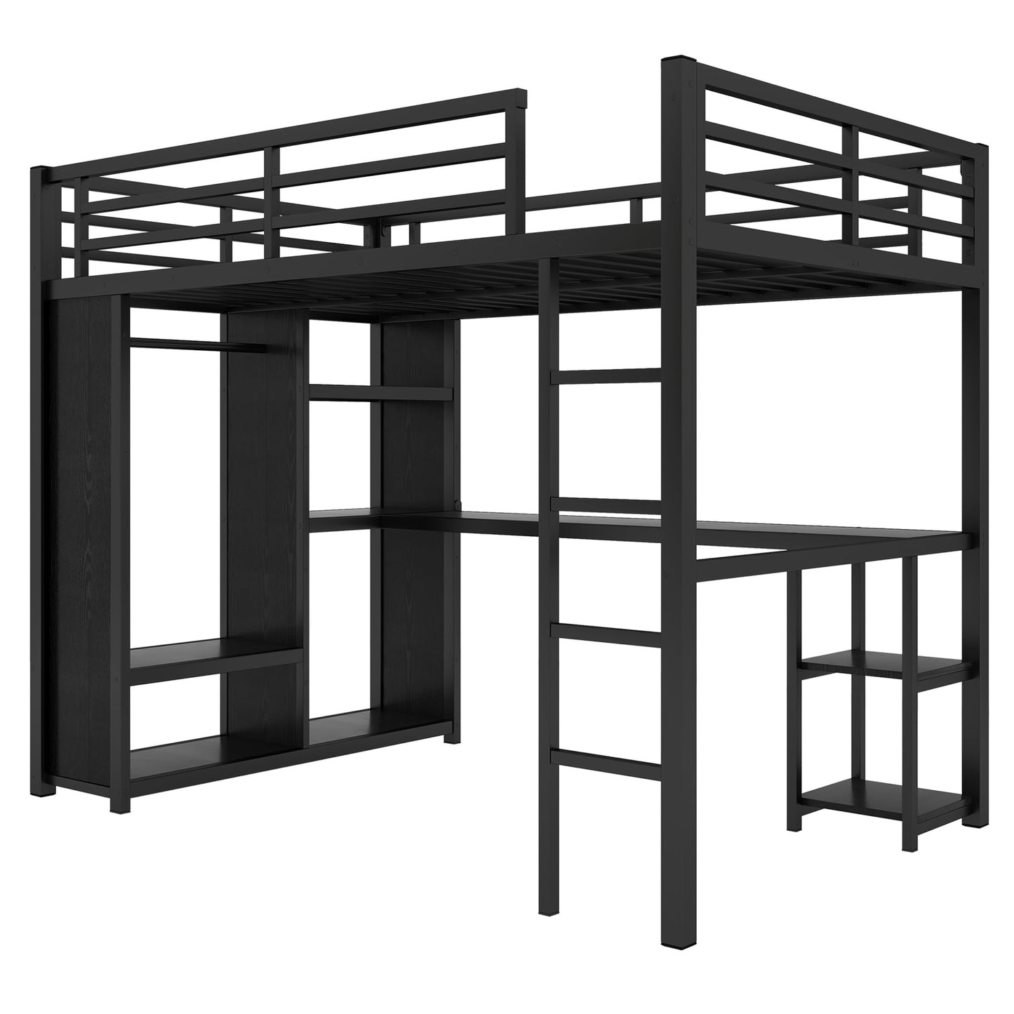 Bellemave Metal Full Size Loft Bed with Desk and Wardrobe,Heavy Duty Loft Bed Frame with Storage Shelves for Kids,Teens,Adults, Space Saving,Black