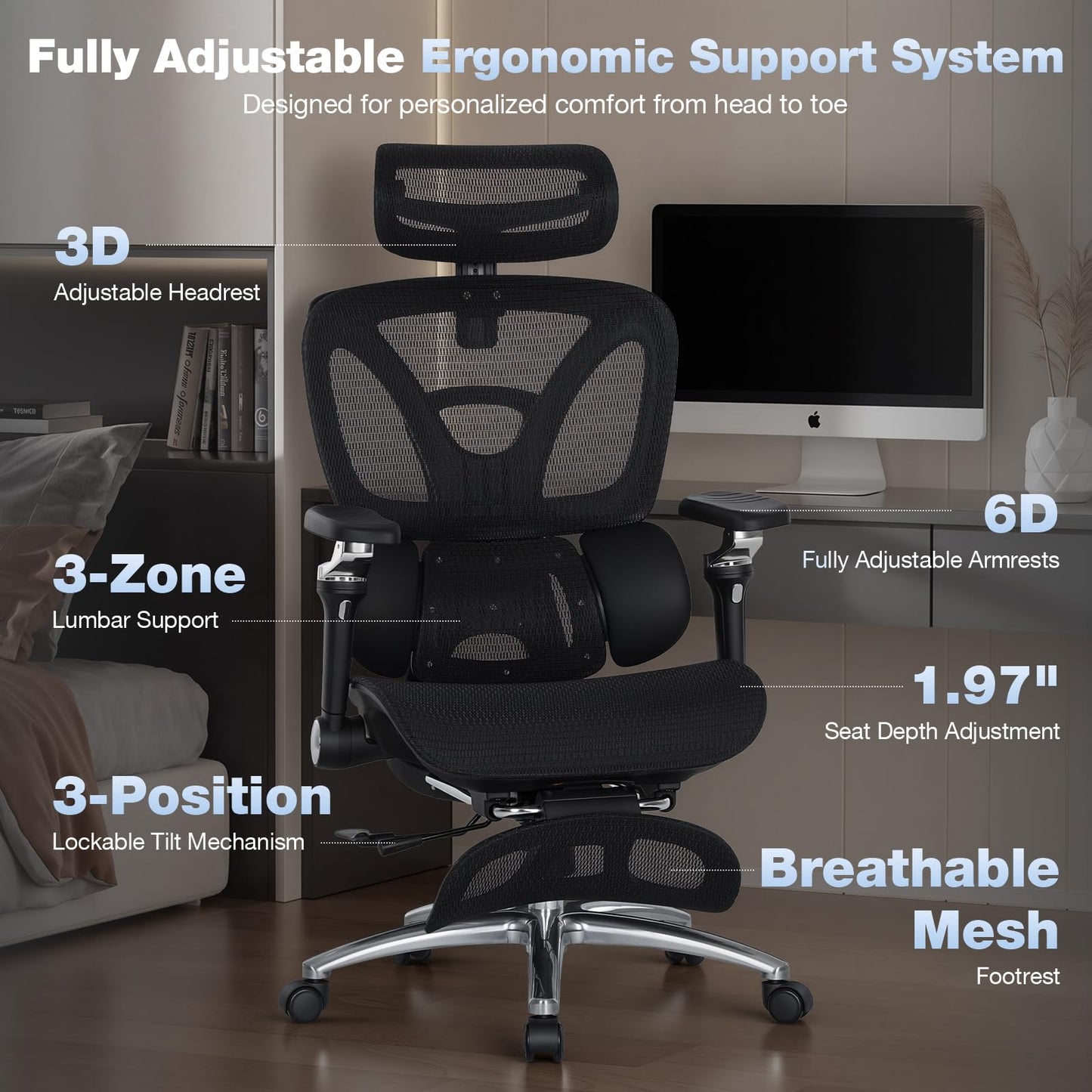 MALOL Ergonomic Office Chair, 400lbs High Back Mesh Desk Chair with 6D Armrests, 3D Headrest, Adjustable Lumbar Support, Seat Depth Adjustment, Tilt Lock, Metal Base & PU Wheels, Black