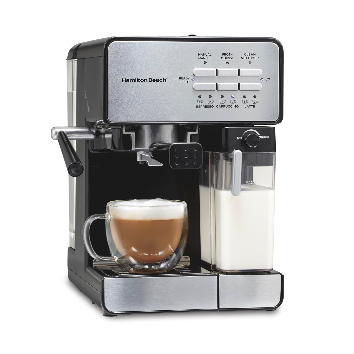 Hamilton Beach Slide and Lock Espresso Machine, Programmable Coffee Maker for Café-Quality Cappuccino & Latte, 15 Bar Pump, Milk Frother Steamer Wand, 70 oz. Removable Reservoir, Black (40750)