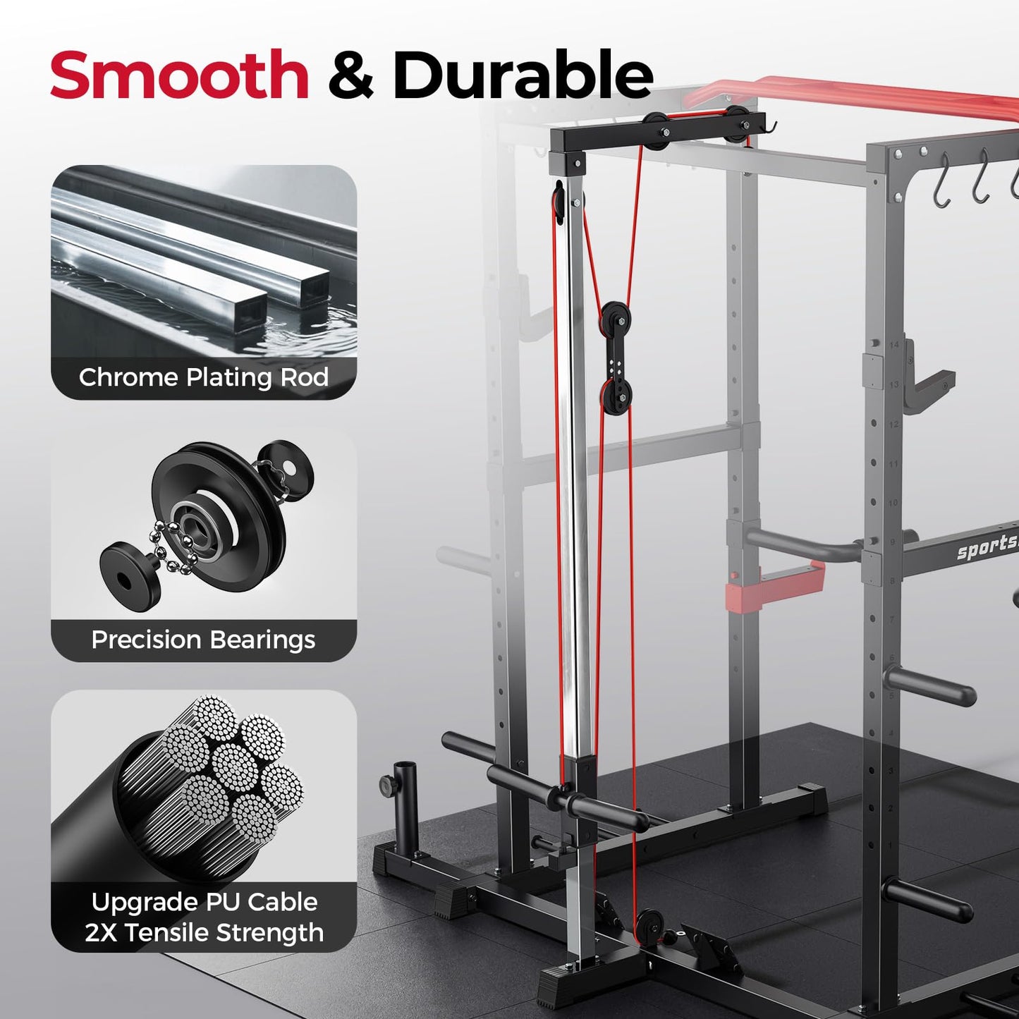 Sportsroyals Squat Rack, LAT Power Cage, Power Rack Multi-Function with Pulley System and Training Attachments for Home Gym