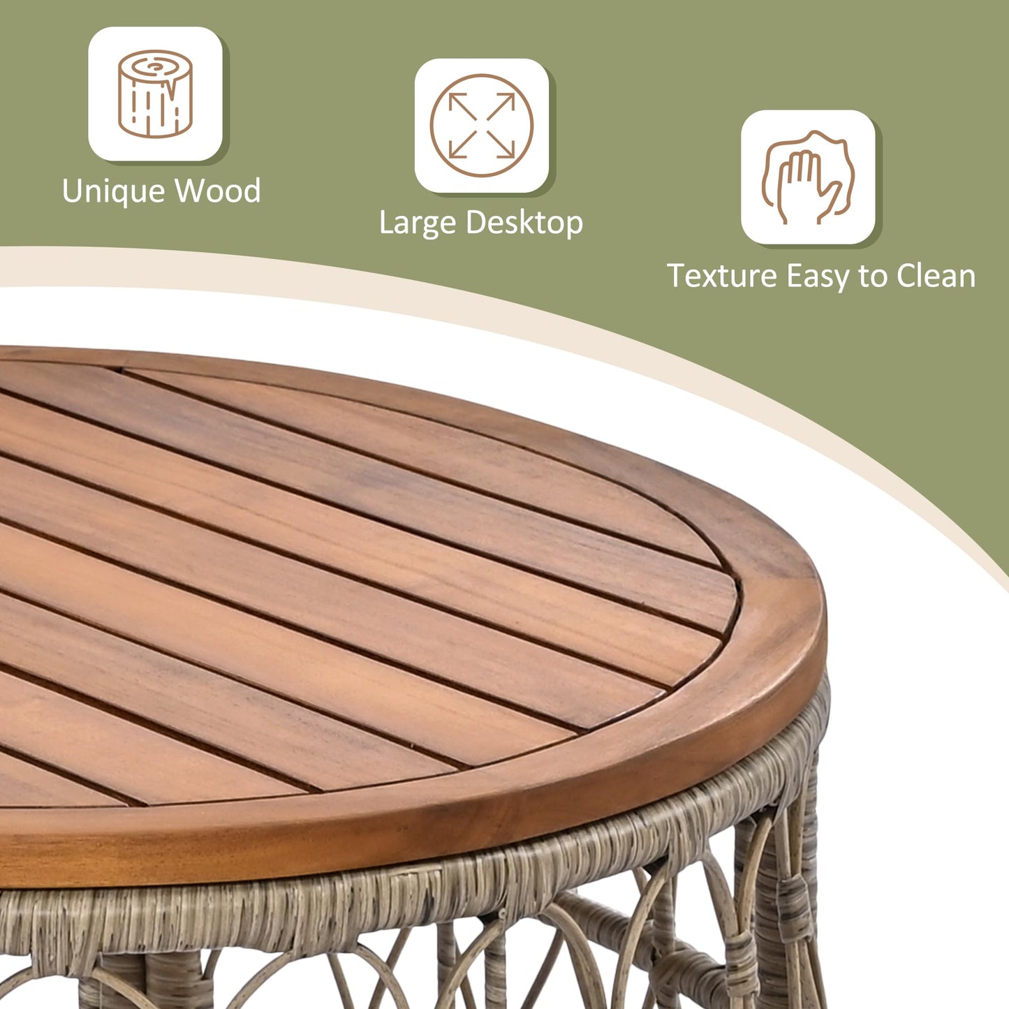 4-Person Outdoor Wicker Sofa Set, Boho-Inspired Patio Conversation Furniture with Oval Acacia Wood Tabletop, Removable Cushions and Pillows, Adjustable Feet, Beige, Perfect for Garden, Backyard, Deck