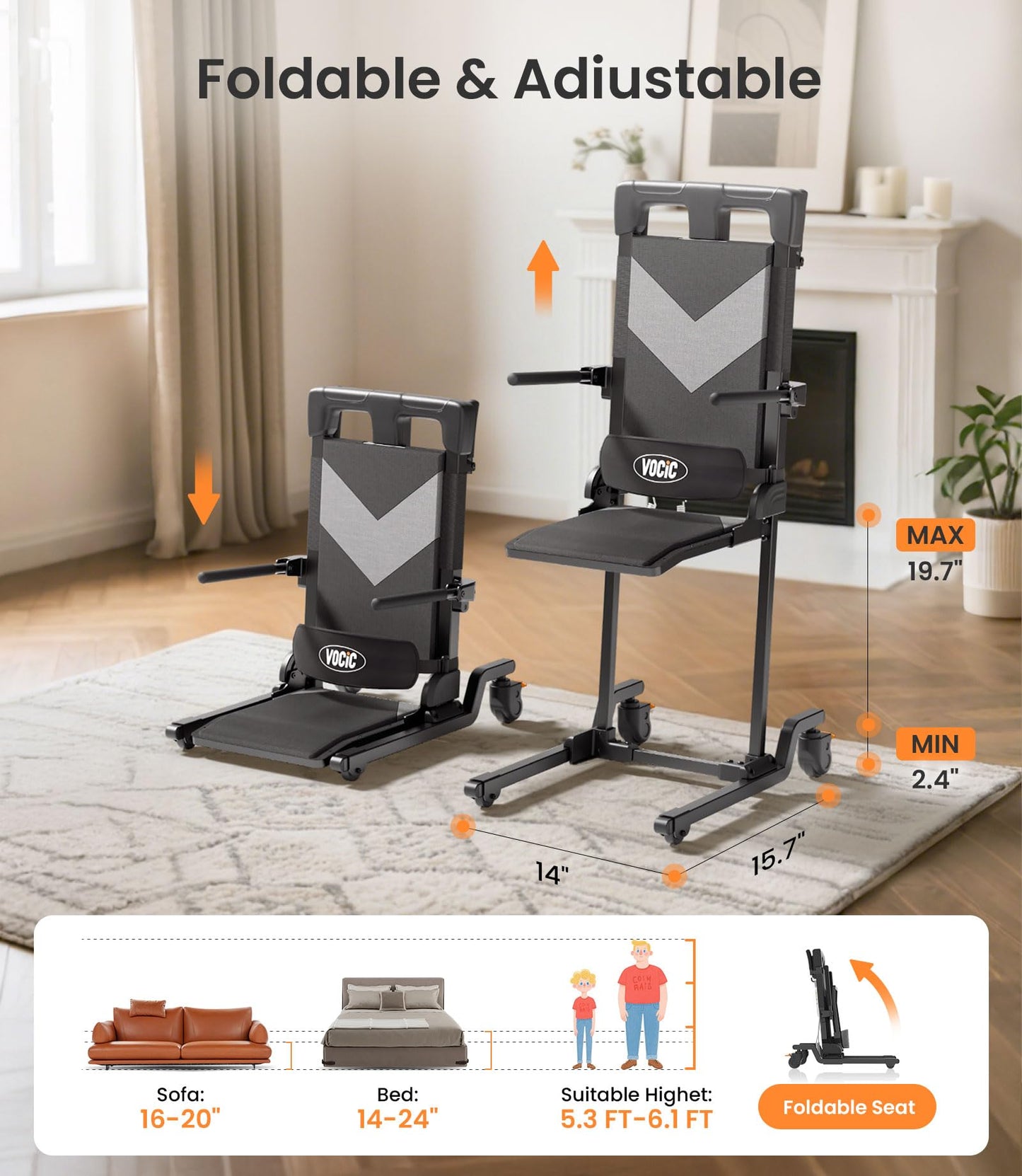 VOCIC Electric Chair Lift Get Up from Floor, Movable with 4 Wheels, Portable Rolling Chair Lift with T-Stabilized Base, Short-Distance Transport, Lift for Elderly from Floor, Supports 350 LBS, AX35