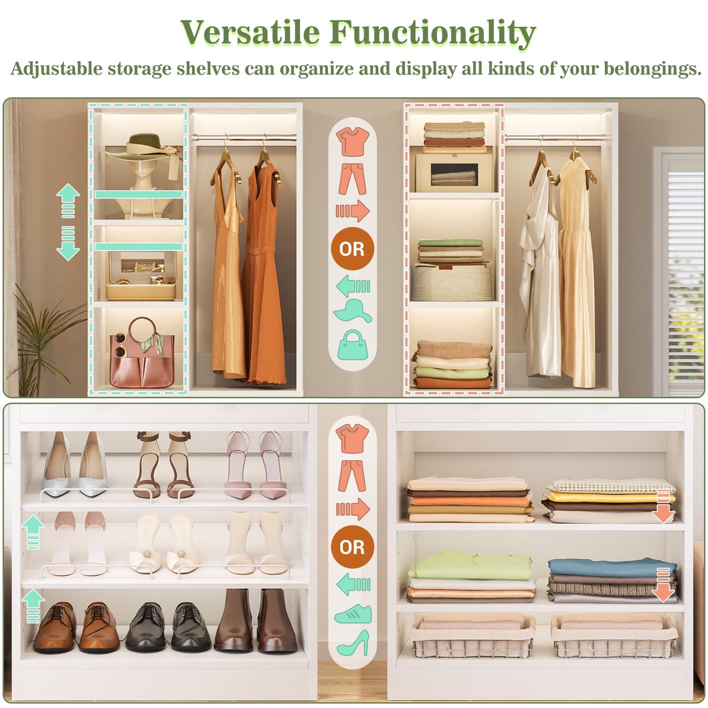 Besiost Closet System, 4.2–8.8 FT Closet Organizer with 2 Wooden Drawers and Shelves, Walk-in Closet System with Hanging Rods, Built-in Closet Tower, Can Fit 60 to 96 inch, White