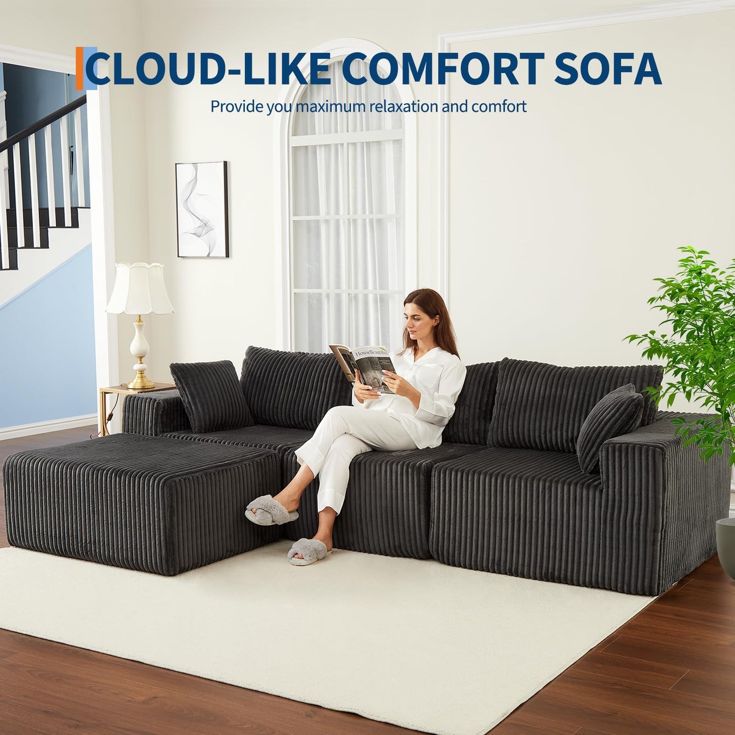 GarveeHome 108" Modular Sectional Sofa Couches for Living Room Cloud Memory Boneless Couch No Assembly Required