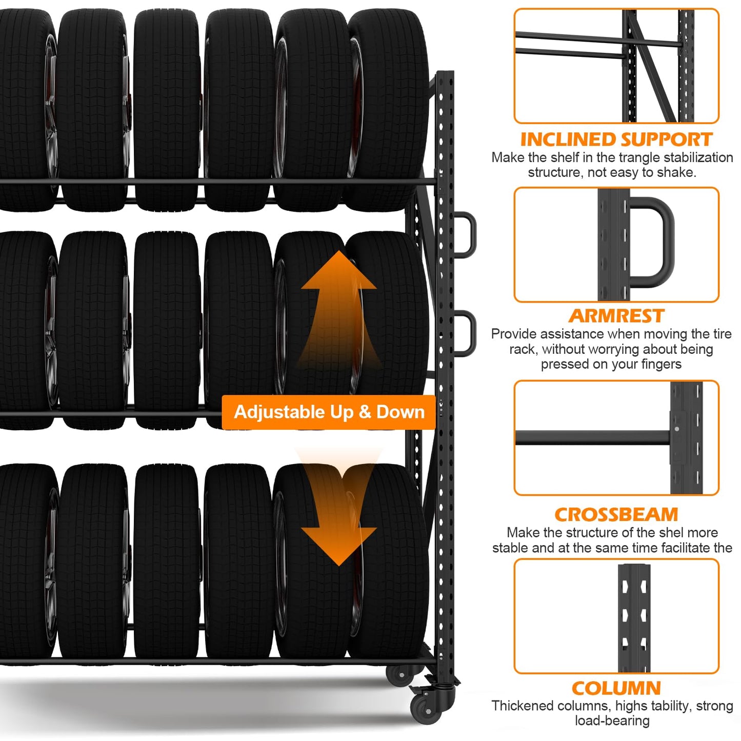 NULTRUMA Industrial 3-Tier Storage Rack, Single Entry Steel Rack for Passenger & Light Truck Tires, 1100lb Capacity, Adjustable Height, 60" W x 18" D x 84" H, for Garage Warehouse Auto Shop