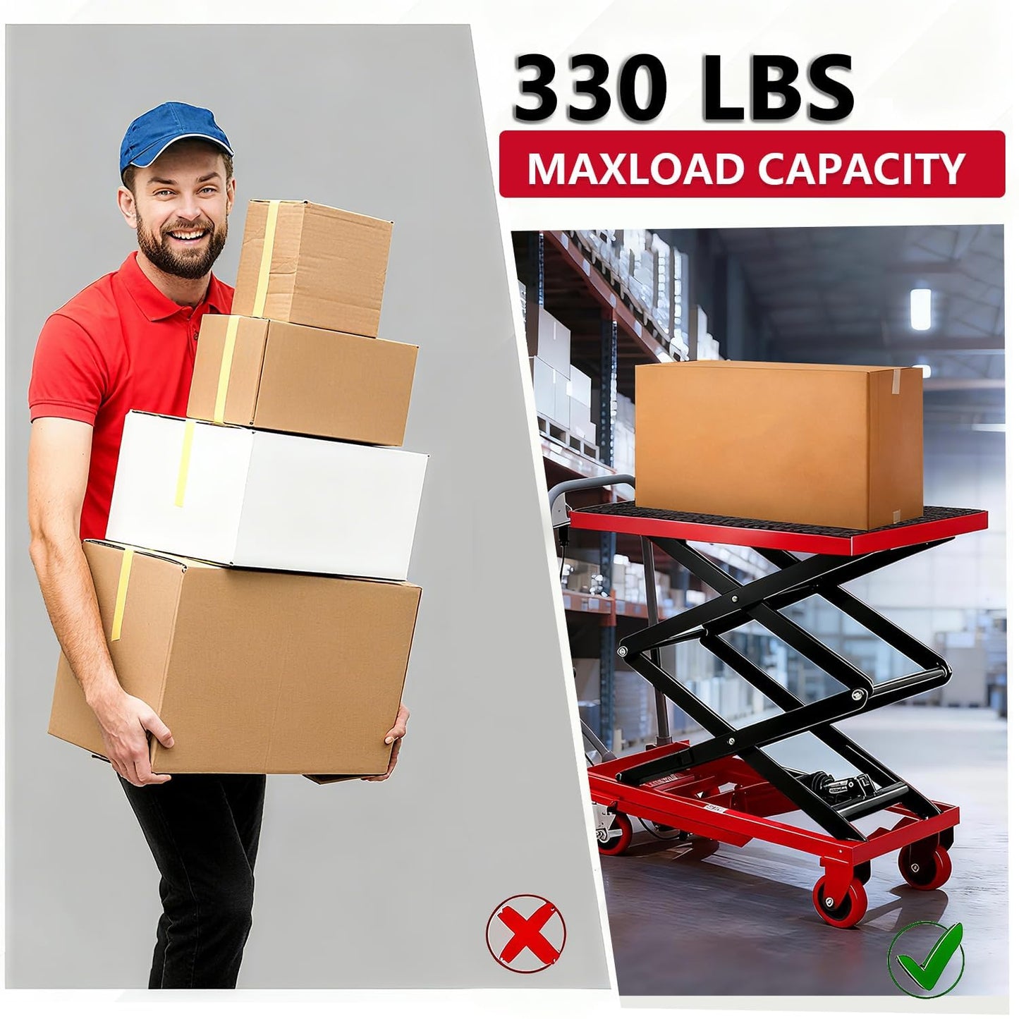 330 Lbs Heavy Duty Hydraulic Scissor Lift Table Cart – Manual Double Scissor Lift, 50" Max Lifting Height, Locking Swivel Casters, Non-Slip Platform, Mobile Material Handling for Warehouse, Garage