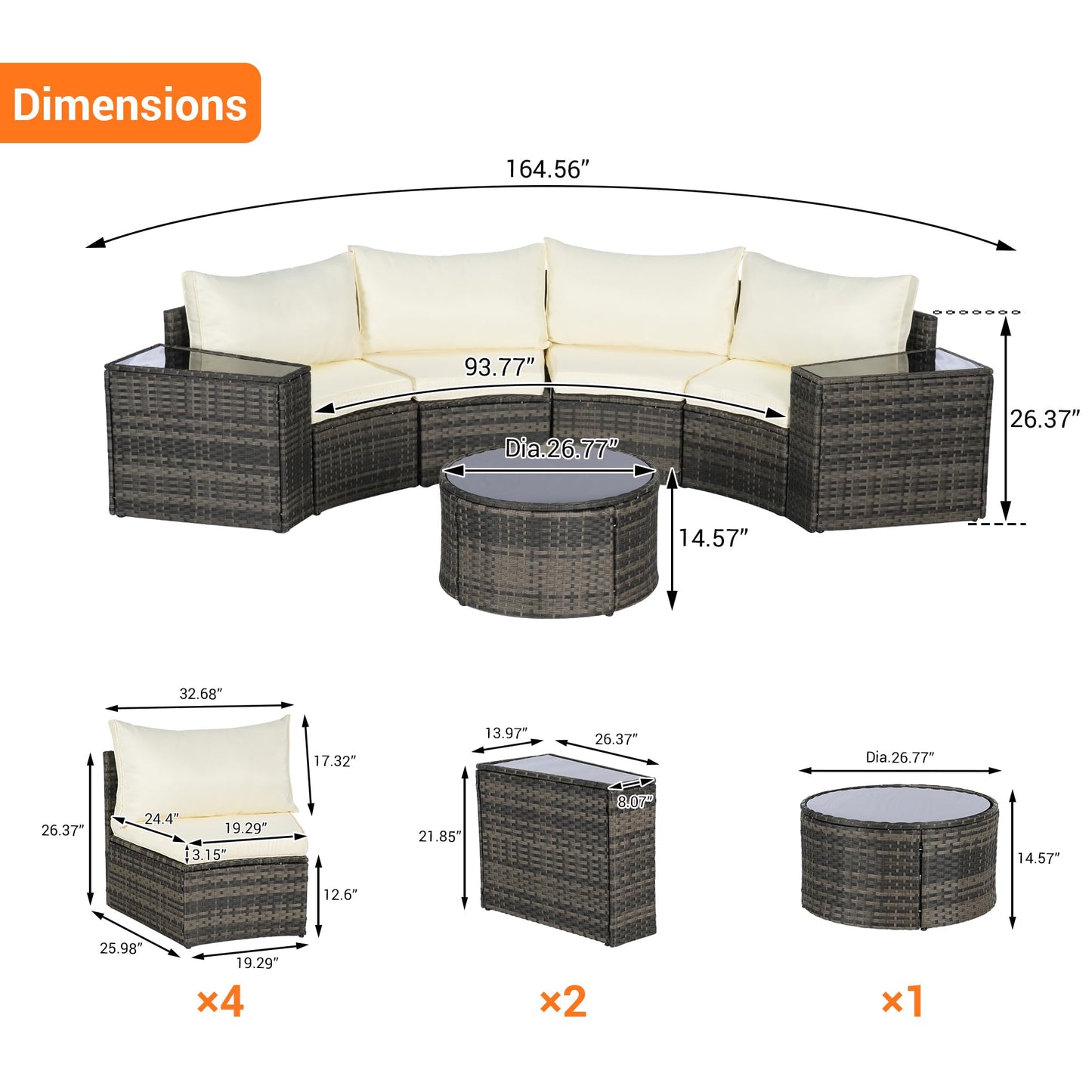 KEIKI 7-Piece Half-Moon Outdoor Patio Furniture Set, Rattan Patio Conversation Set with Coffee Table & 2 Sofa Side Table & 4 Curved Armless Sofa, Wicker Curved Sectional Sofa Set, for Backyard, Beige
