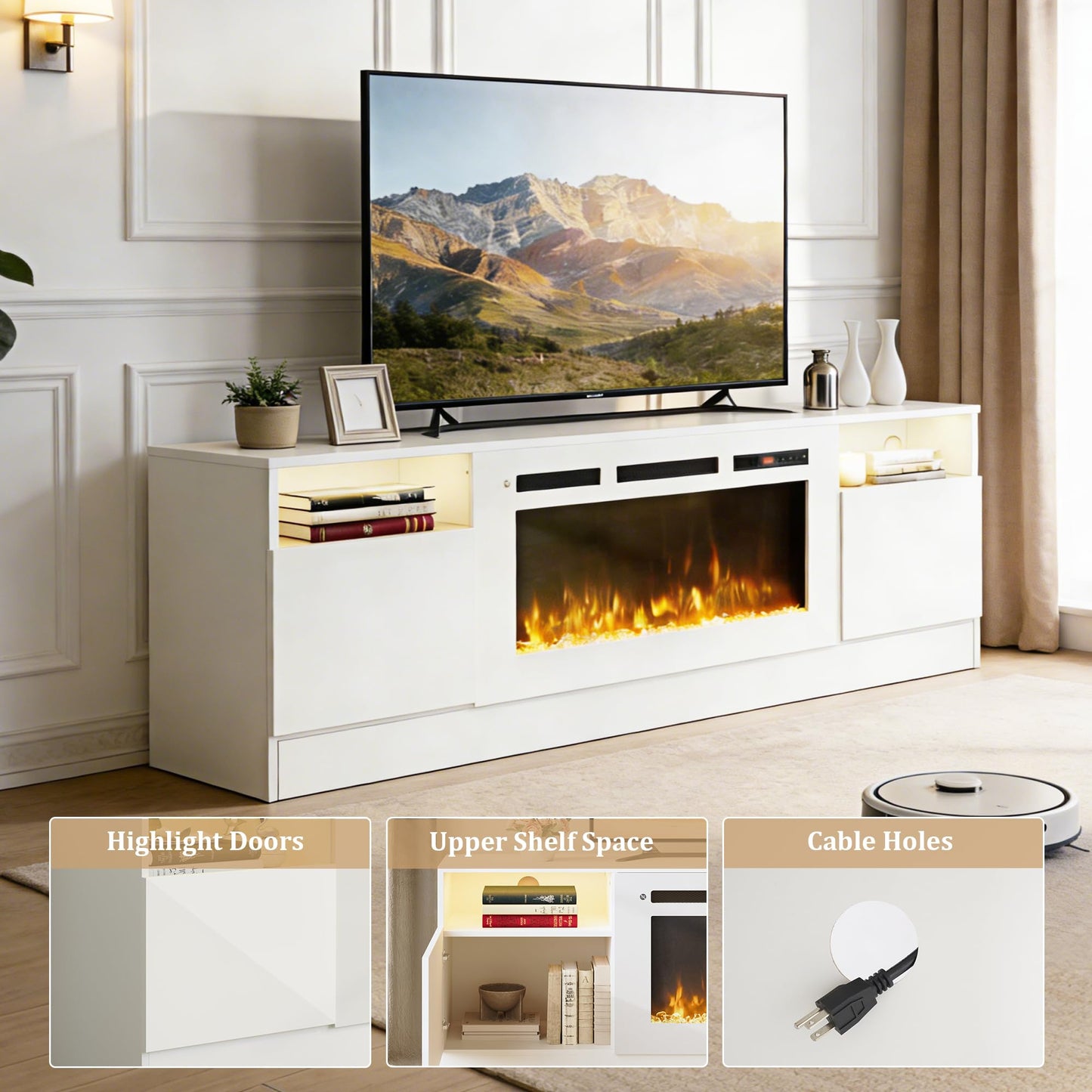 OneBlis 80" Fireplace TV Stand for TVs Up to 90",Entertainment Center with 36” Electric Fireplace and 12 Colors LED Lights,Large TV Console with Storage Cabinet for Living Room,All White