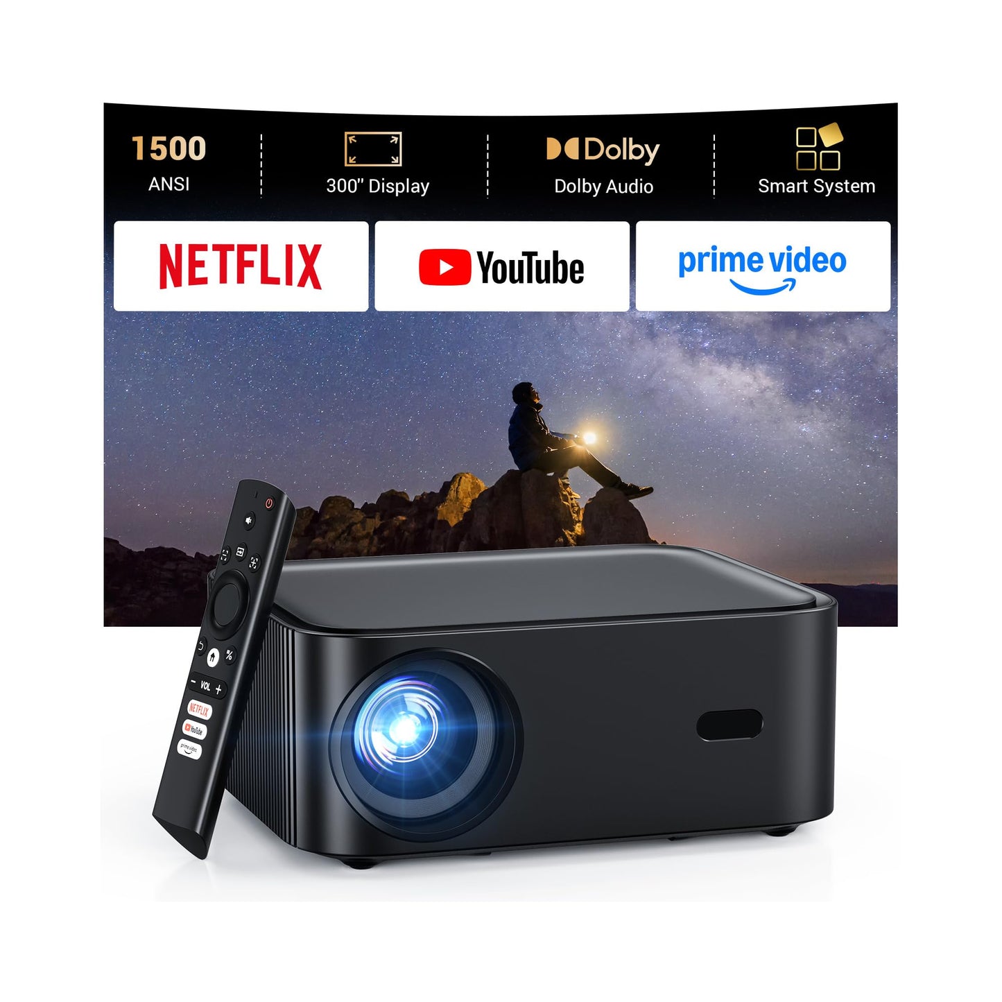 1500 ANSI lumens built-in streaming app full HD smart projector, HAPPRUN 4K projector, supports Wi-Fi and Bluetooth, Dolby audio, 300-inch large screen, suitable for home, outdoor, and indoor viewing