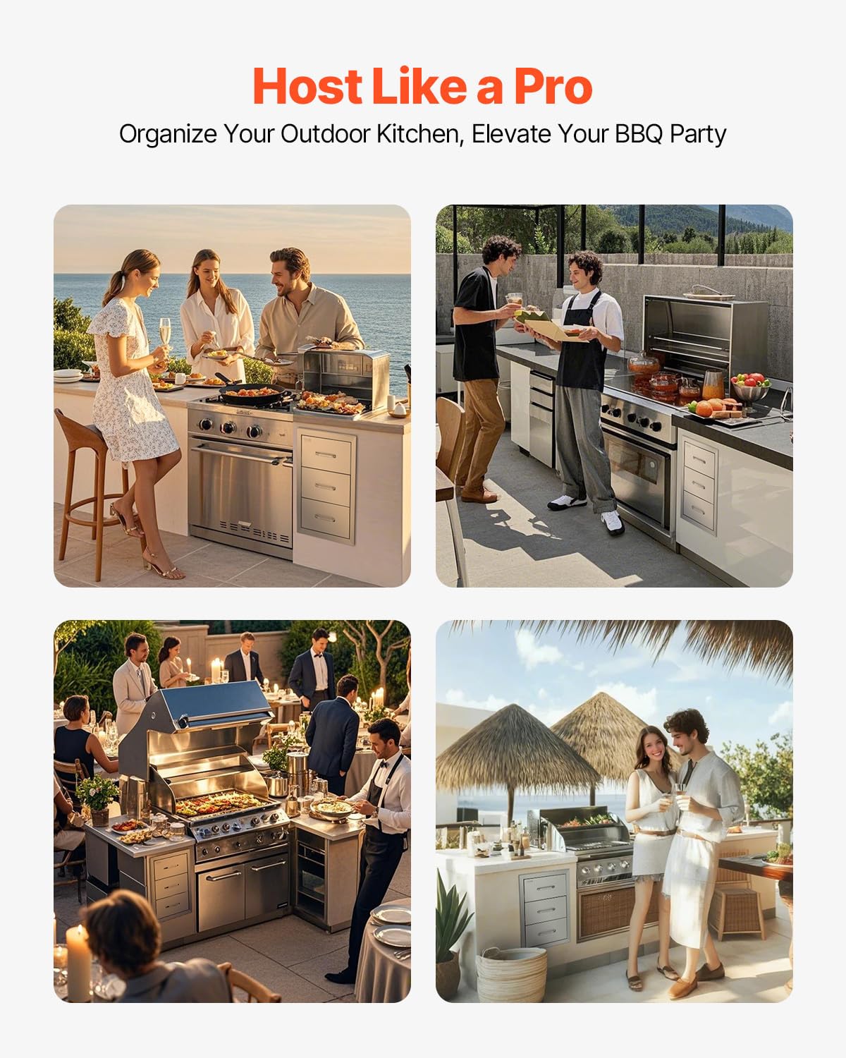 VEVOR Outdoor Kitchen Drawer 16" W x 21.5" H x 18" D, Outdoor Kitchen Cabinets, BBQ Drawer Stainless Steel, Flush Mount Triple Access, with Handle, BBQ Island, Outdoor Grill Patio Grill Station