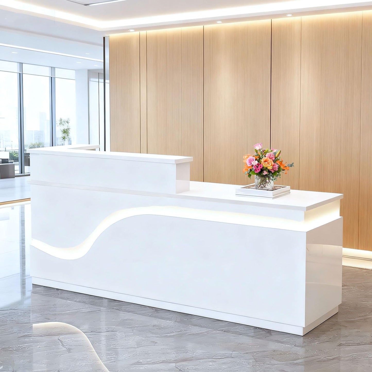 Salon Reception Desk with Counter, Front Desk Reception Counter with Lockable Drawer & Cabinet, Retail Checkout for Home Office, SOHO, Shop, Salon (White, R-63 * 23.6 * 39.3in)