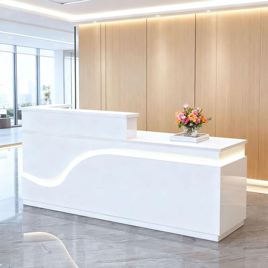 Salon Reception Desk with Counter, Front Desk Reception Counter with Lockable Drawer & Cabinet, Retail Checkout for Home Office, SOHO, Shop, Salon (White, R-63 * 23.6 * 39.3in)