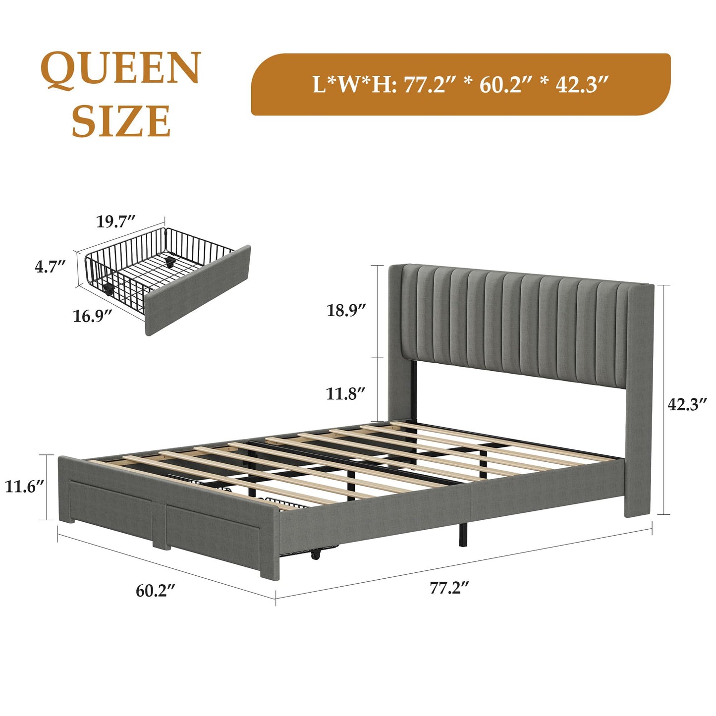 IDEALHOUSE Queen Bed Frame with Wingback Headboard, Velvet Upholstered Platform Bed with 2 Storage Drawers, Vertical Tufted Headboard Design, Wooden Slats Support, No Box Spring Needed, Grey