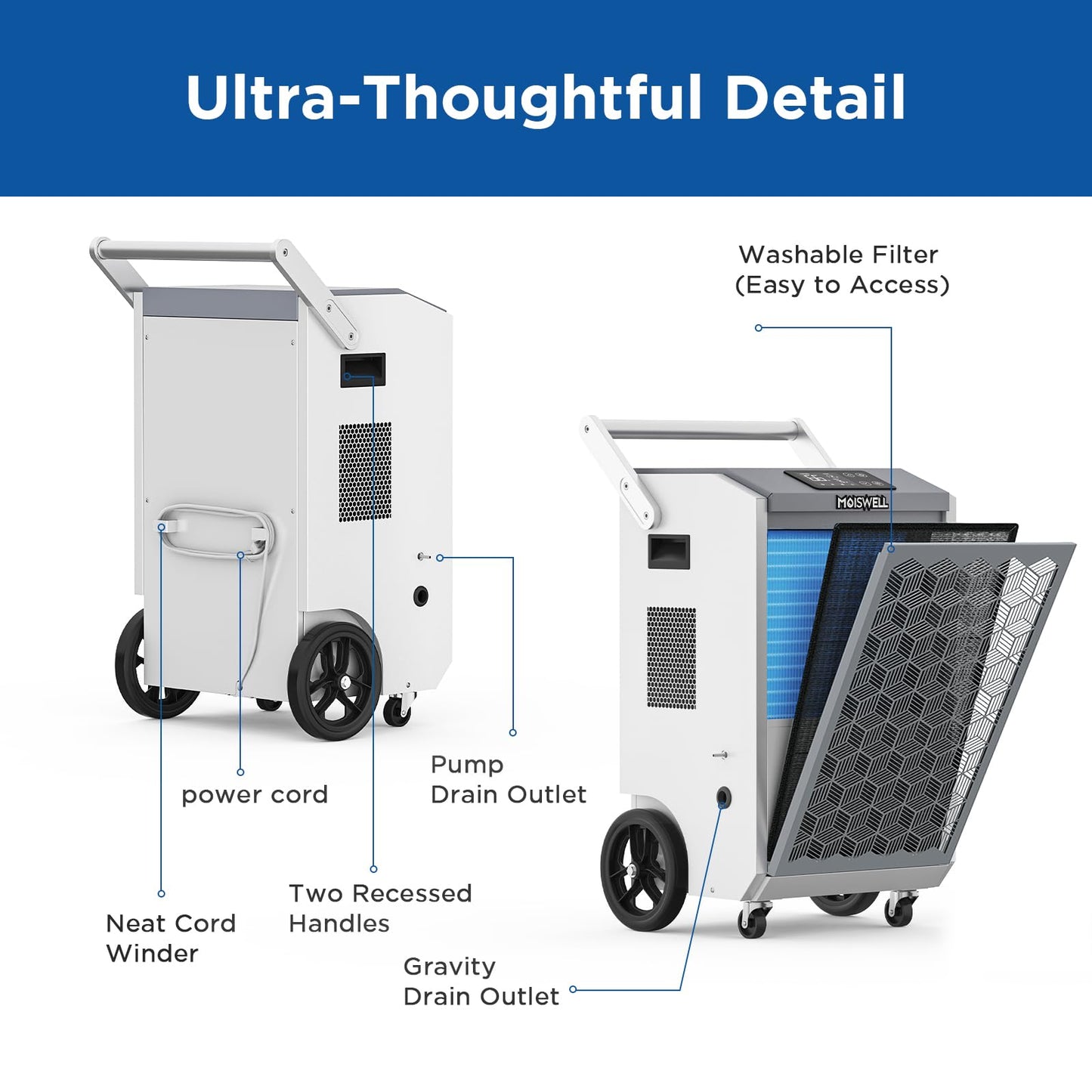 Moiswell 200 Pints Commercial Dehumidifier with Pump and Drain Hose for Basements, Heavy Duty Commercial Grade Dehumidifiers for Large Spaces, Warehouse, Industry Water Damage Unit, Auto Defrost