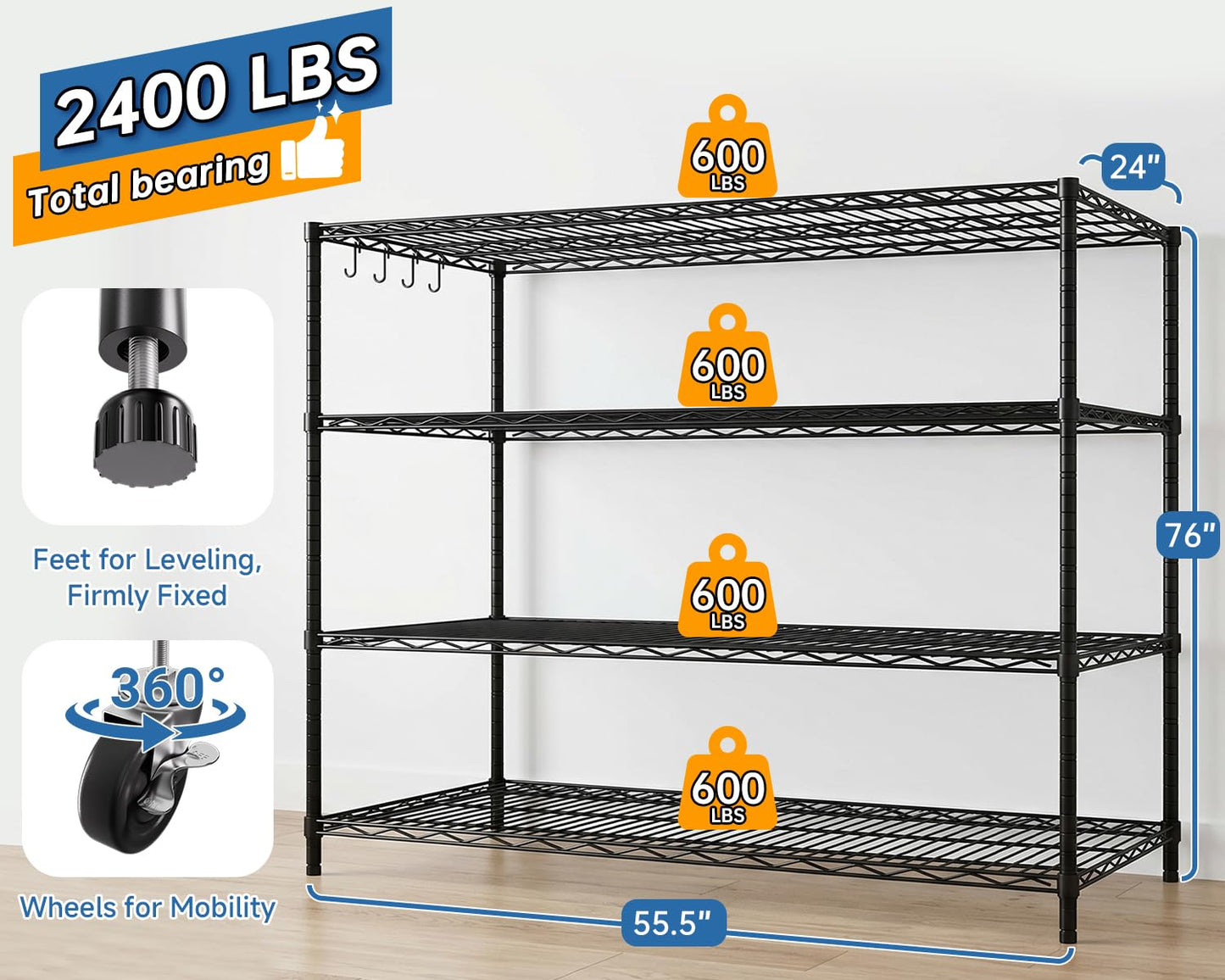 Mapleyard Heavy Duty Garage Shelving with Wheels: 55.5" W x 24" D x 81" H 4 Tier Wire Metal Storage Shelves, Adjustable NSF Commercial Shelf, Rolling Tote Rack Organizer for Pantry, Warehouse, Black