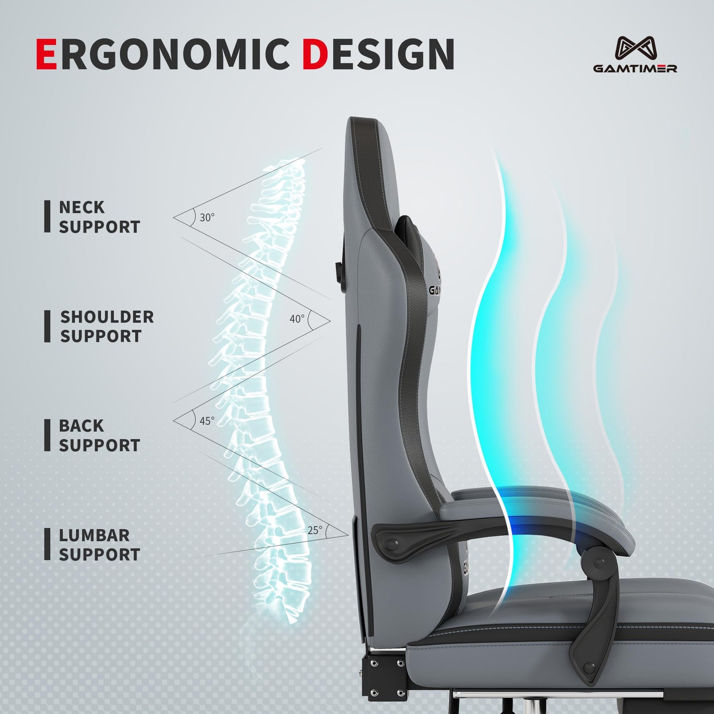Gamtimer Gaming Chair with Footrest, Ergonomic Computer Chair, PU Breathable Material with Headrest and Lumbar Support, Suitable for Silla Gamer and Adults（Grey）