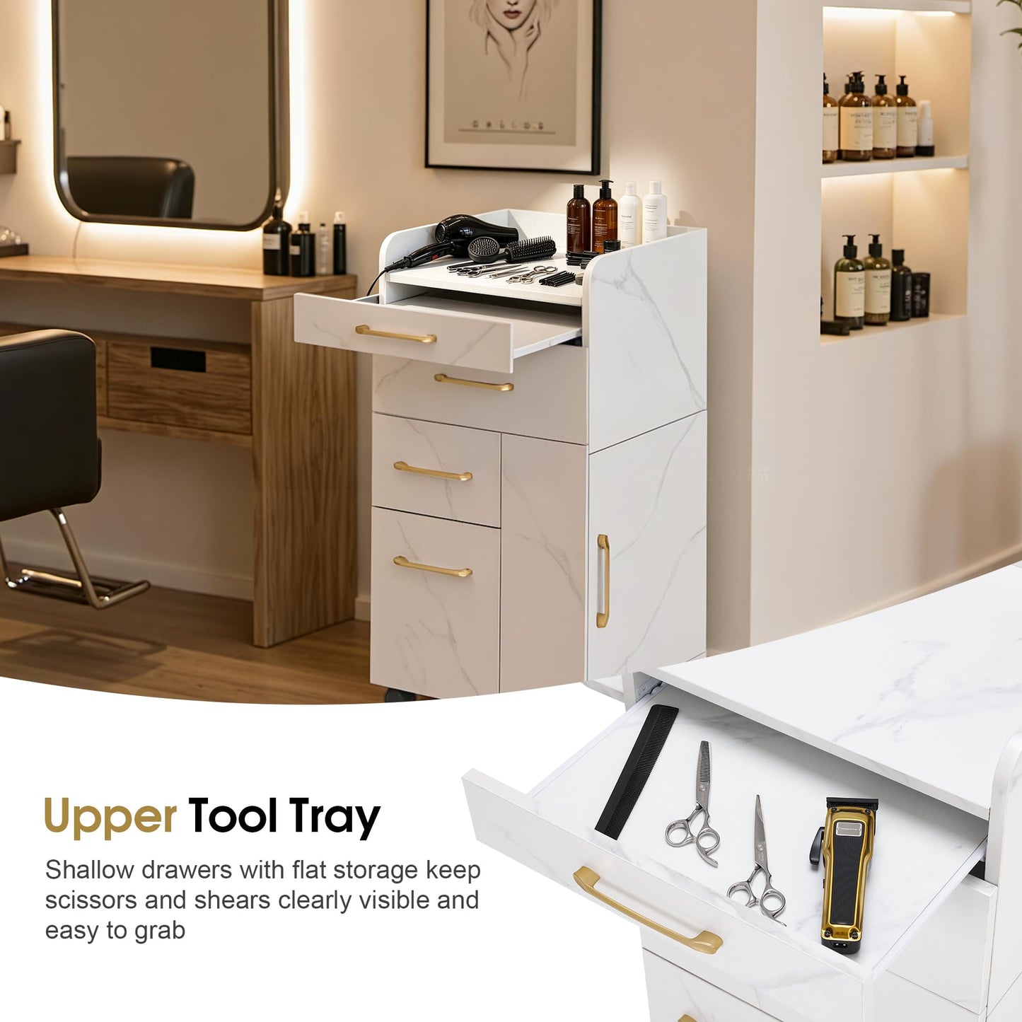 BarberPub Salon Trolley Cart with Lockable Wheels, Hair Styling Utility Rolling Cart for Storage DC2053 (White)