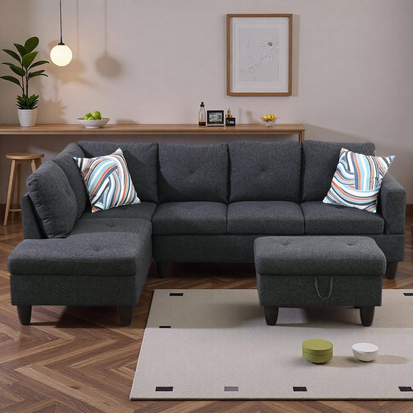 Trygoal 97" Linen 4-Seat L-Shaped Sectional Sofa with Movable Chaise & Storage Ottoman - 3-Piece Modular Convertible Couch for Living Room, Bedroom, Apartment & Office, Black Gray