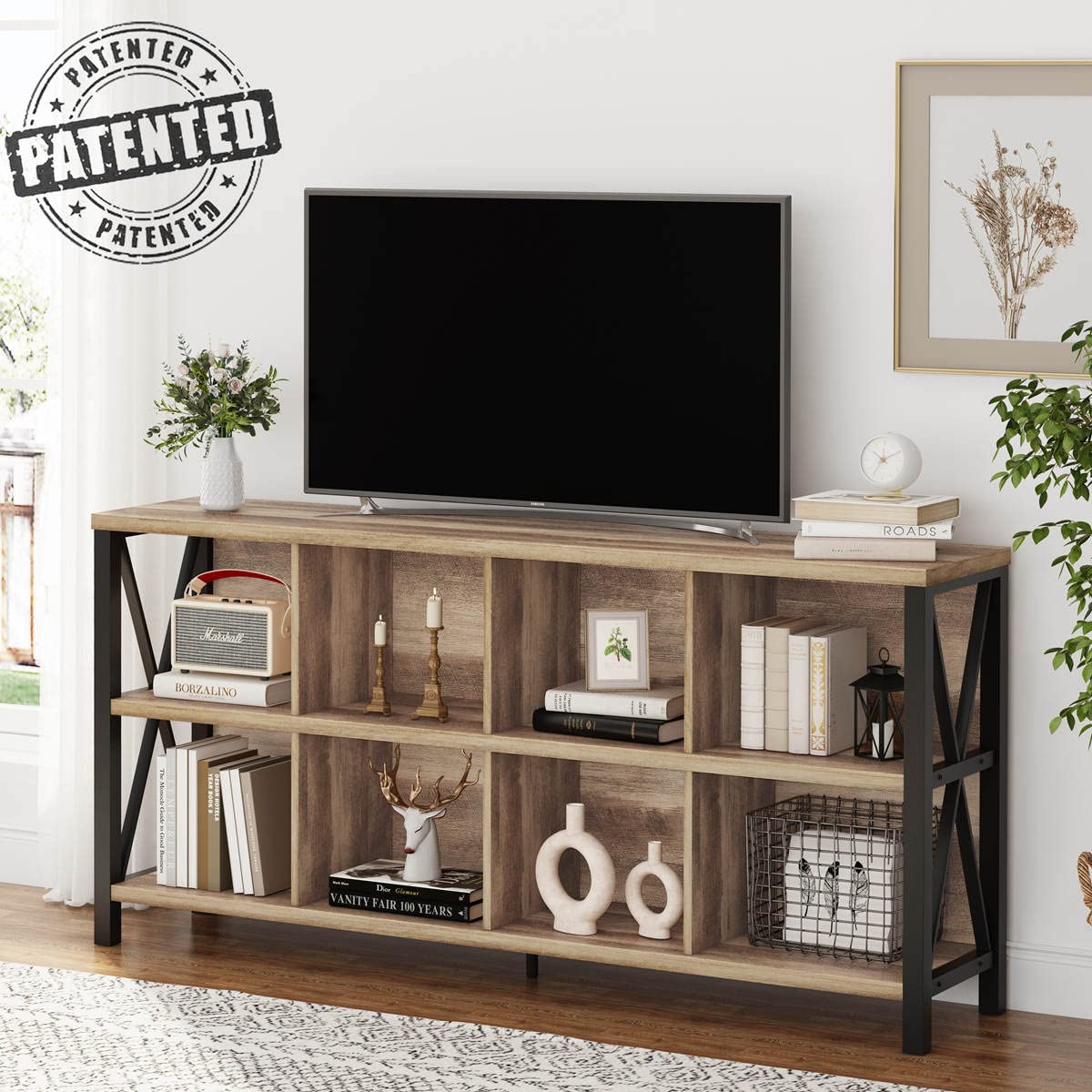 FATORRI 8 Cube Storage Organizer Bookshelf, 62 Inch Rustic Wood Horizontal Bookcase, Industrial Cube Long Book Shelf for Living Room (Rustic Oak)