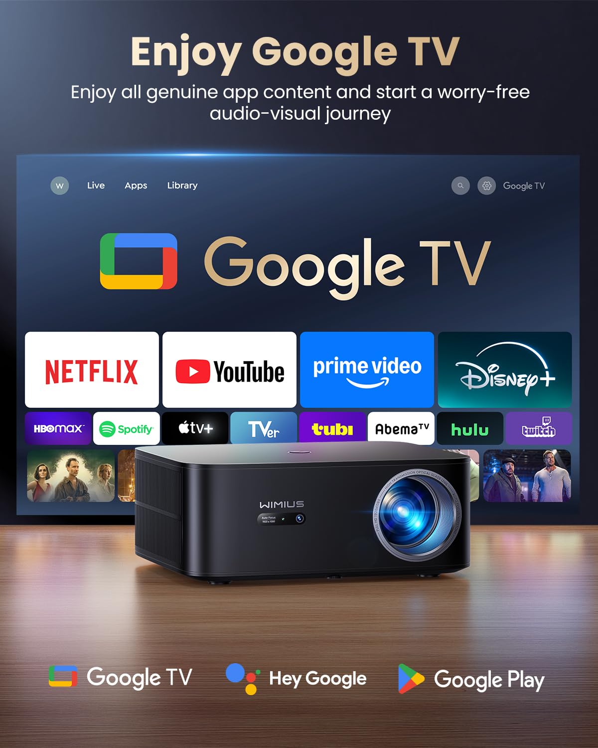 【Bundled with Google TV Stick/4K Supported】Smart Projector with WiFi & Bluetooth, Outdoor & Home TV Movie Projectors with Voice Control, Auto Focus & Keystone, Compatible with Netflix Proyector WiMiUS