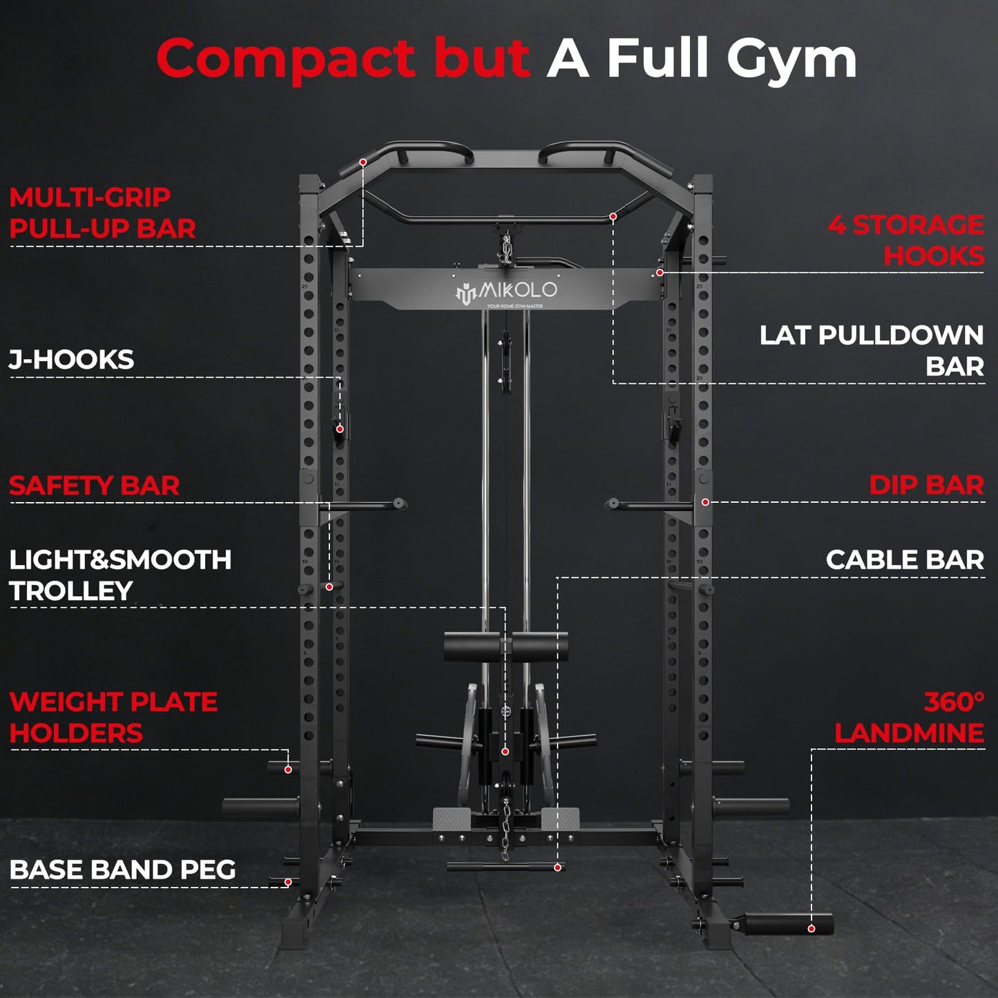 Mikolo F4 2.0 Power Cage with Dual-Track Smooth Pulley System, 1200LBS Power Rack with Leg Hold-Down for Heavy LAT Pulldowns, All-in-One Squat Rack with More Training Attachments for Home Gym (Black)