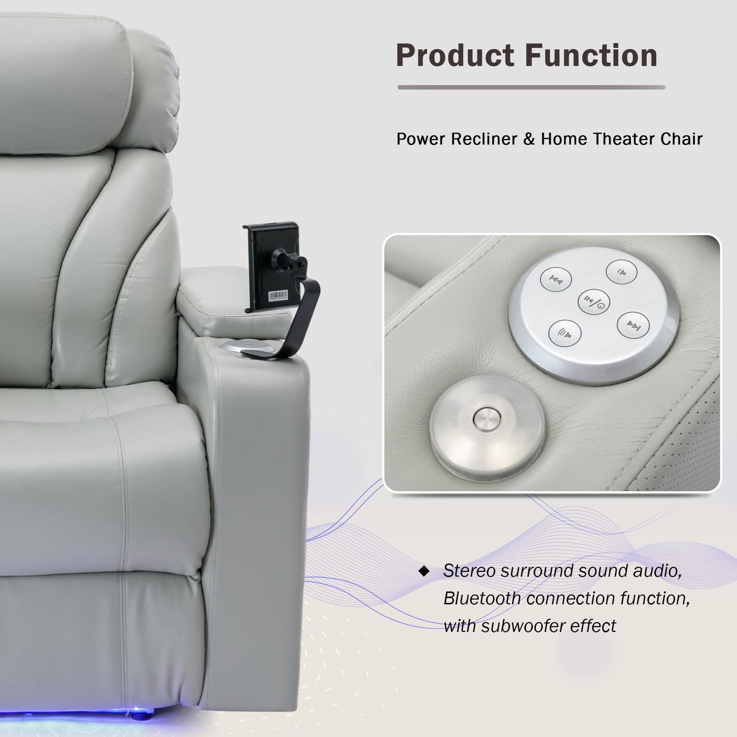 ERYE 34.5-Inch Multifunctional Power Reclining Chair Electric Recliner Armchair for Home Theater Office W/USB Ports, Storage Armrest, Cupholders, LED Light Strip & Rotating Table