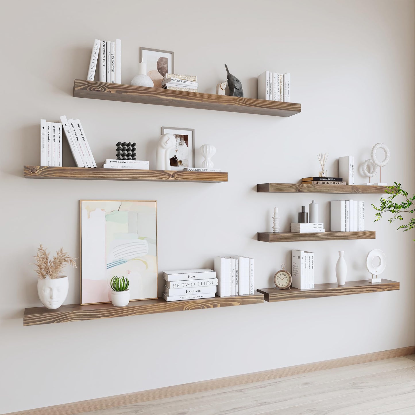 XWNE 60 Inch Floating Shelves,8-Inch Deep High-End Solid Wood Long Floating Shelves for wall Set of 2, Rustic Walnut Wall Shelves for Bedroom Kitchen &Living Room, with Sturdy Hidden Bracket, Walnut