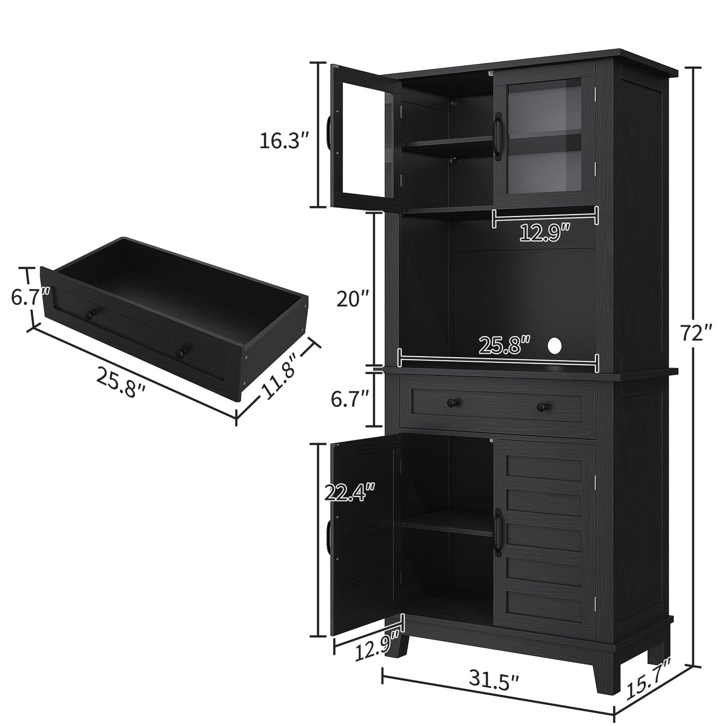 GarveeHome 72 in Tall Kitchen Pantry Cabinet, Kitchen Hutch Bar Cabinet with Microwave Stand, Cupboard with Drawers Glass Doors for Dining Room, Living Room, Dark Black