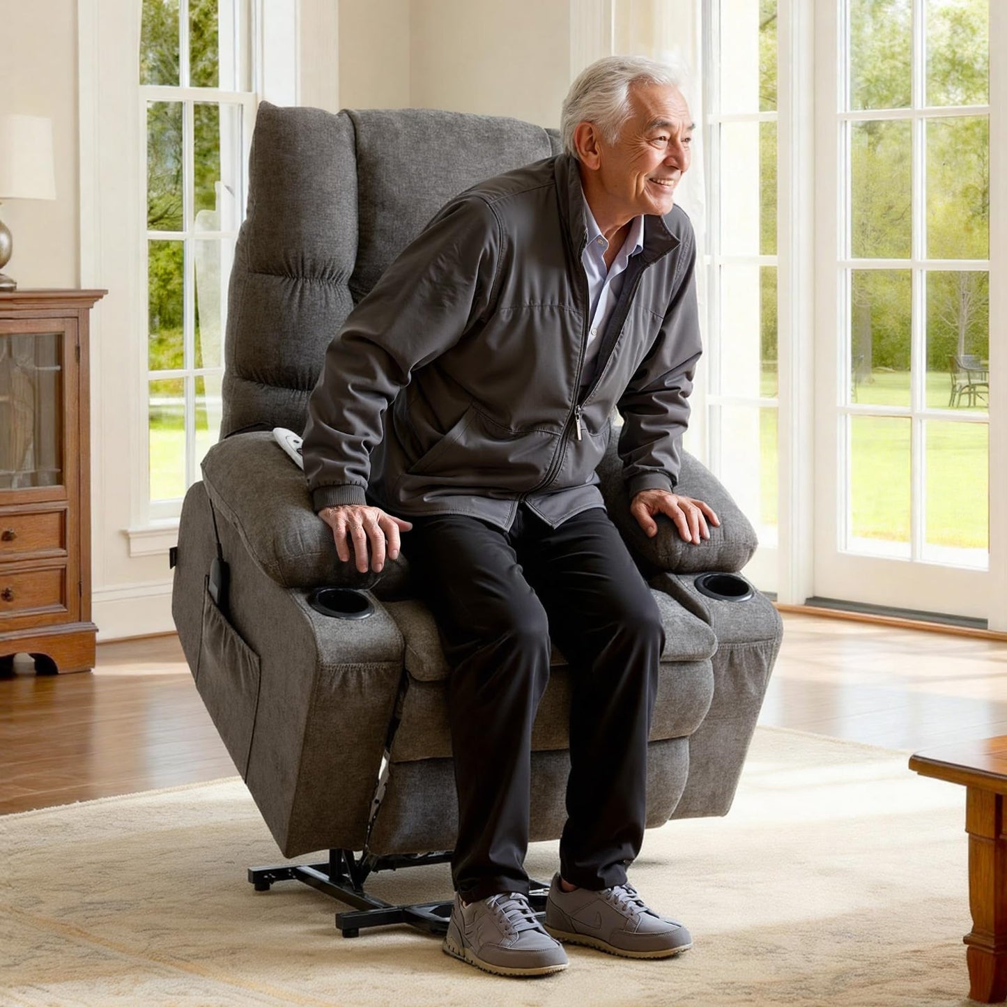 VEVOR Large Power Lift Recliner Chairs, Lift Chair with Heat and Massage for Elderly, Position Adjustable, with Side Pockets, Cup Holders and USB Port, Chenille Fabric, Dark Gray