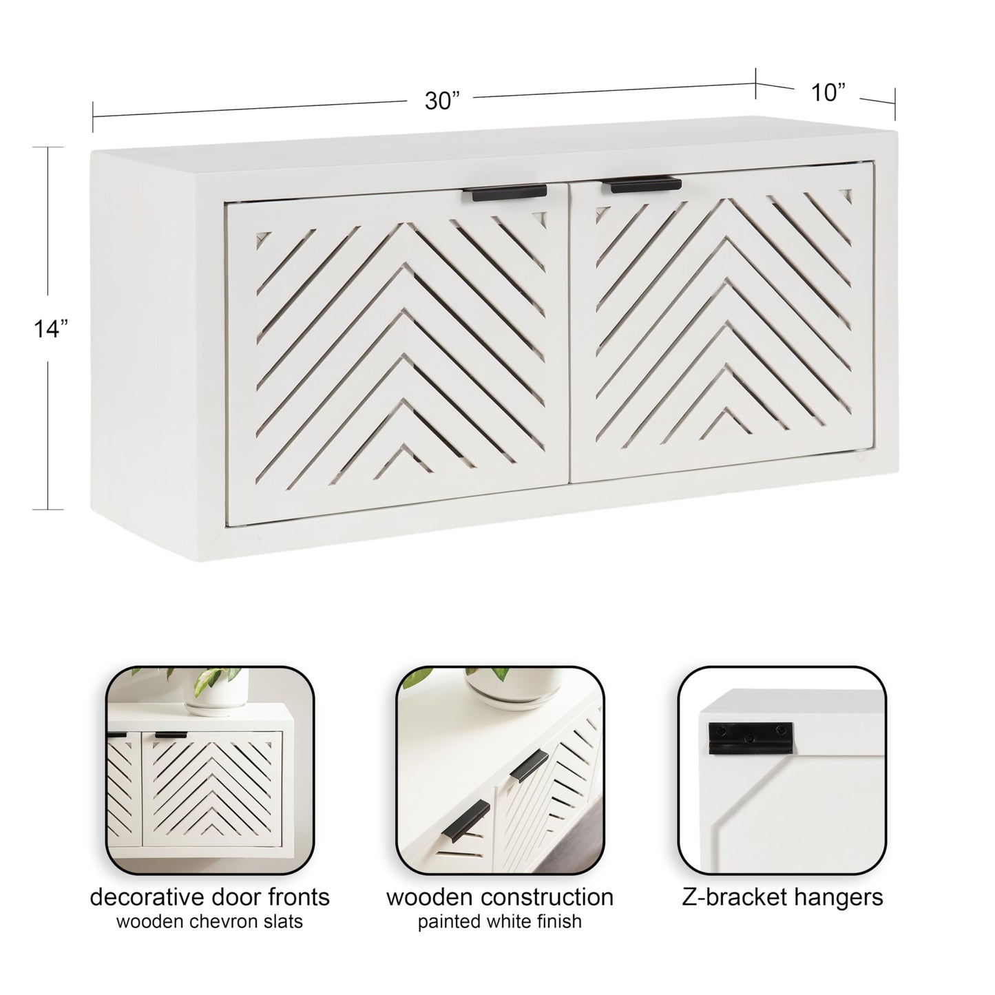 Kate and Laurel Mezzeta Decorative Two-Door Wall Cabinet, 30 x 10 x 14, White, Decorative Modern Storage Cabinet for Use as Floating Nightstand or Floating TV Shelf