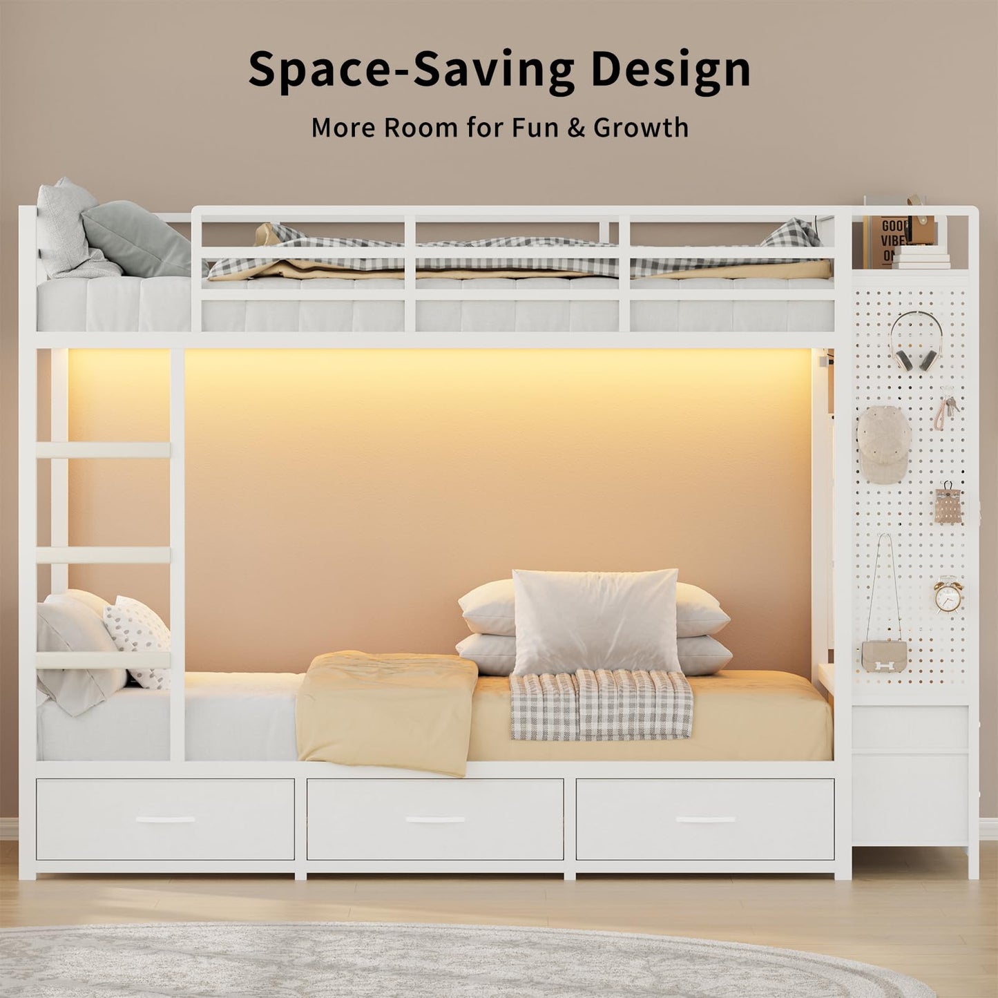 Bunk Bed Twin Over Twin with 9 Drawers & Hanging Rod, Low Loft Metal Bed with Charging Station & LED Lights, Sturdy Bed Frame with Pegboard & Storage, No Box Spring Needed, for Bedroom, White