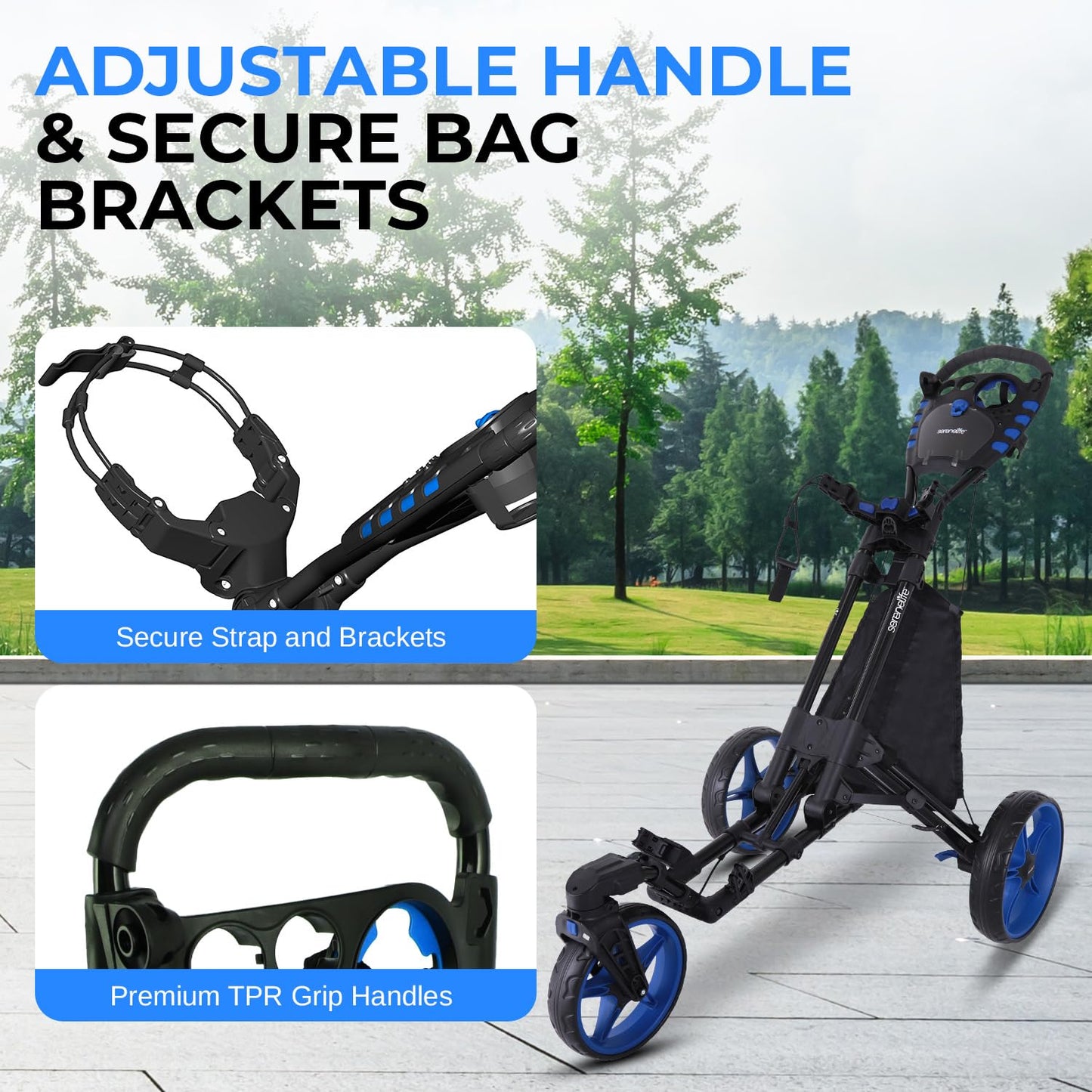 SereneLife Golf Cart Lightweight Foldable Golf Push Cart - Aluminum Folding Trolley with Adjustable Handle, Elastic Bag Straps, Dual Brakes, Scorecard & Cup Holders for Easy Maneuverability