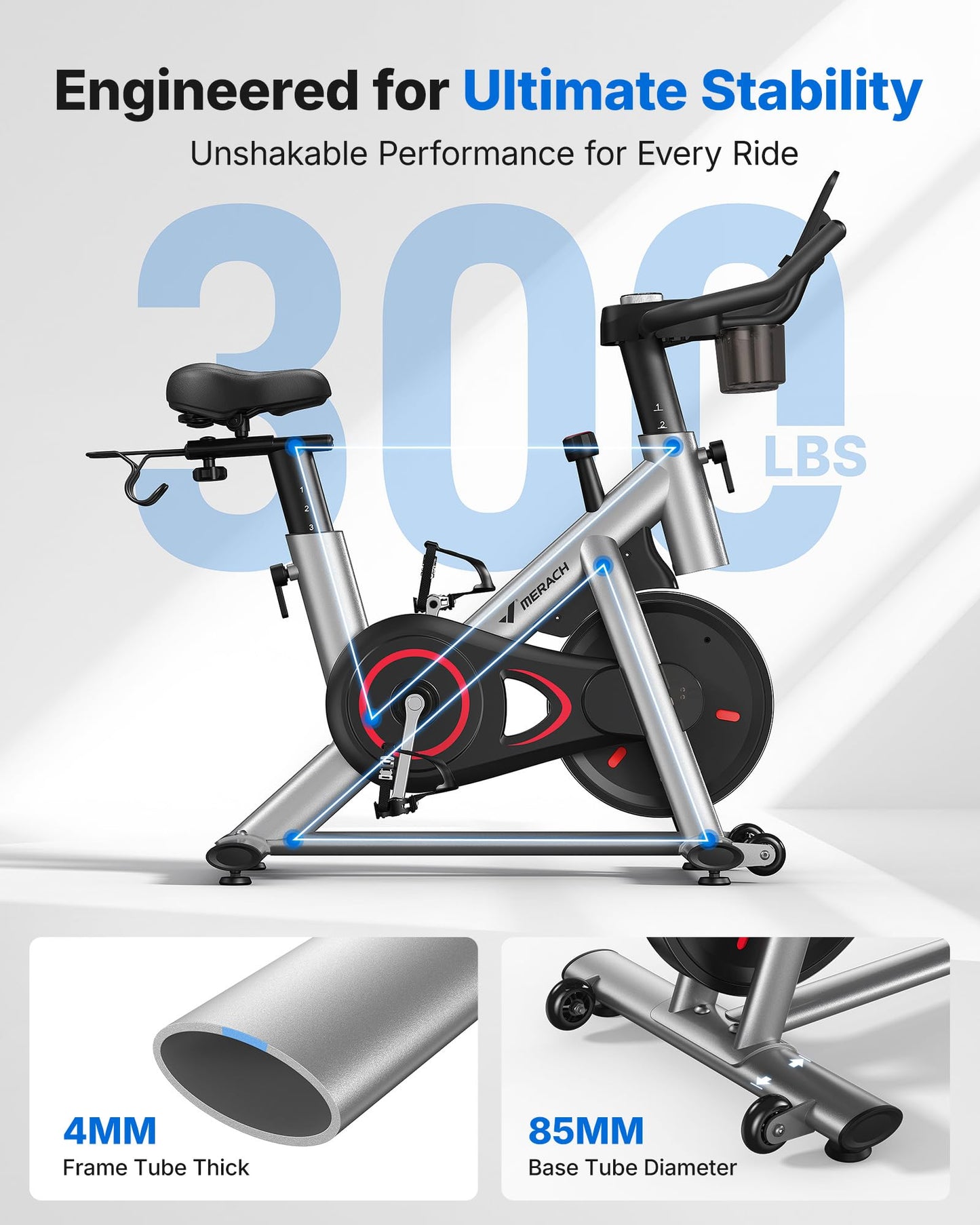 Merach Exercise Bike, Magnetic Friction Stationary Bike with Brake Pad and Exclusive App, Low Noise Indoor Cycling Bike with 300lbs Weight Capacity, Tablet Mount and Fitness Courses for Weight Loss