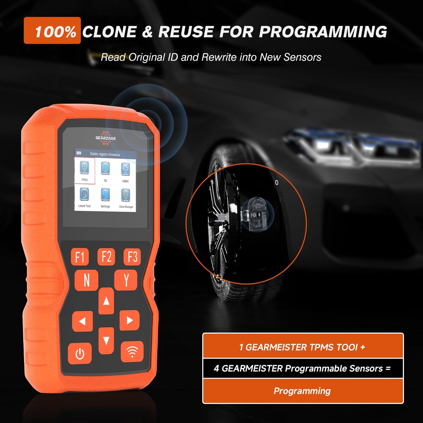 TPMS Programming Tool, Tire Pressure Monitor System Relearn Tool Set with 4 Pack 315MHZ+433MHZ Metal Programmable Sensor, Original Sensor ID Cloning, Reset/Activate/Relearn Sensors XTP-SP820