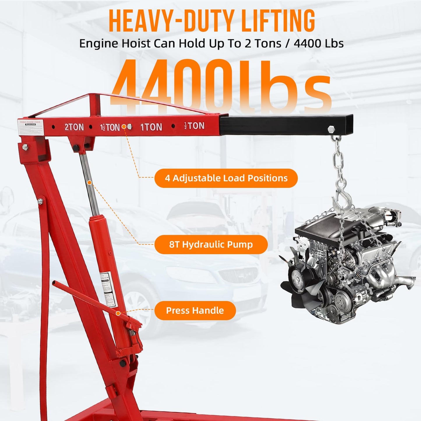 Garvee 2 Ton Engine Hoist, Hydraulic Cherry Picker Engine Crane, Heavy Duty Folding Shop Crane with 6 Casters, Engine Lift for Garage, Workshop, Red