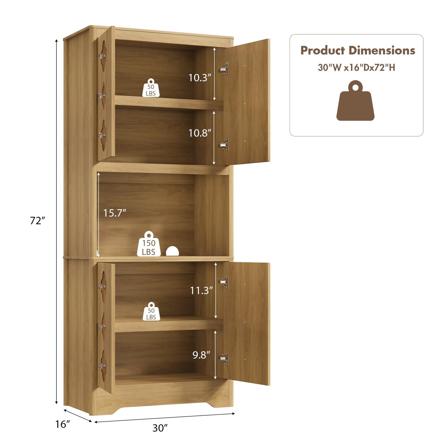 IDEALHOUSE Mid Century Modern Kitchen Pantry Cabinet, 72" Tall Storage Cabinet with Microwave Shelf, Wooden Freestand Cupboard with Carved Flower Door & Crystal Handle, for Dining Room