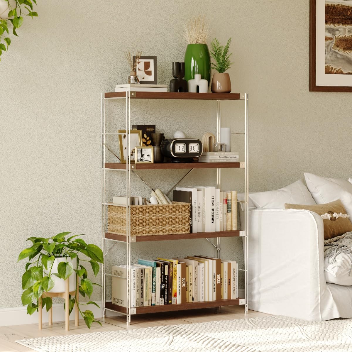 Achene 4-Tier Industrial Bookshelf, Storage Bookcase for Living Room, Bedroom, Home Office, and Kitchen, 11.81"x31.5"x51.18" Inches (Walnut, 4T32IN)
