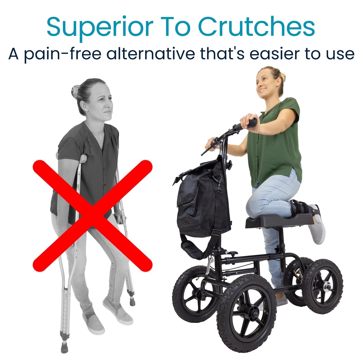 Vive Mobility All Terrain Knee Scooter Walker for Foot Injuries - Adult Broken Leg Crutch Cart Roller for Surgery, Broken Foot, Ankle Injury - Kneeling Rolling Steerable Seated Wheel Scooter Aid