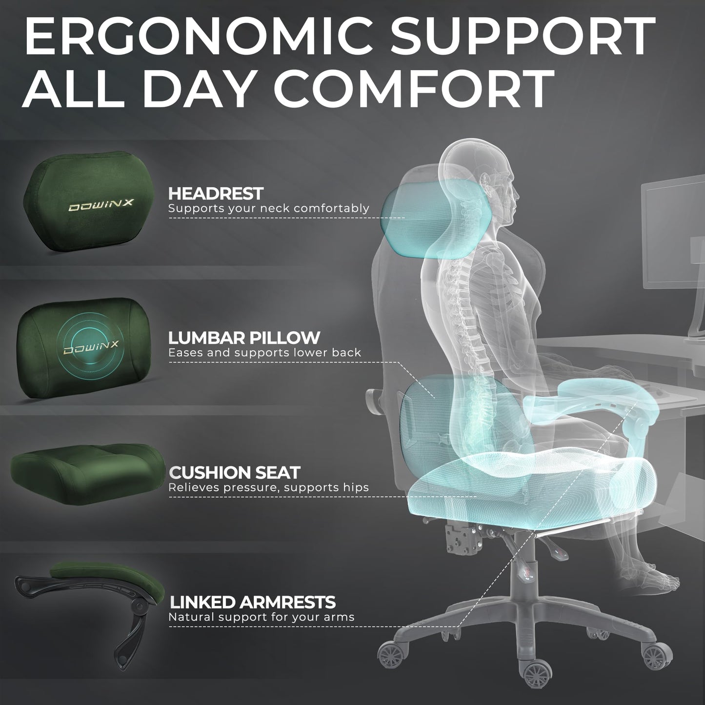 Dowinx Big and Tall Gaming Chair, Suede Fabric Game Chair with Pocket Spring Cushion, High Back Gamer Chair Ergonomic with Footrest for Adults Office, 440LBS, Green