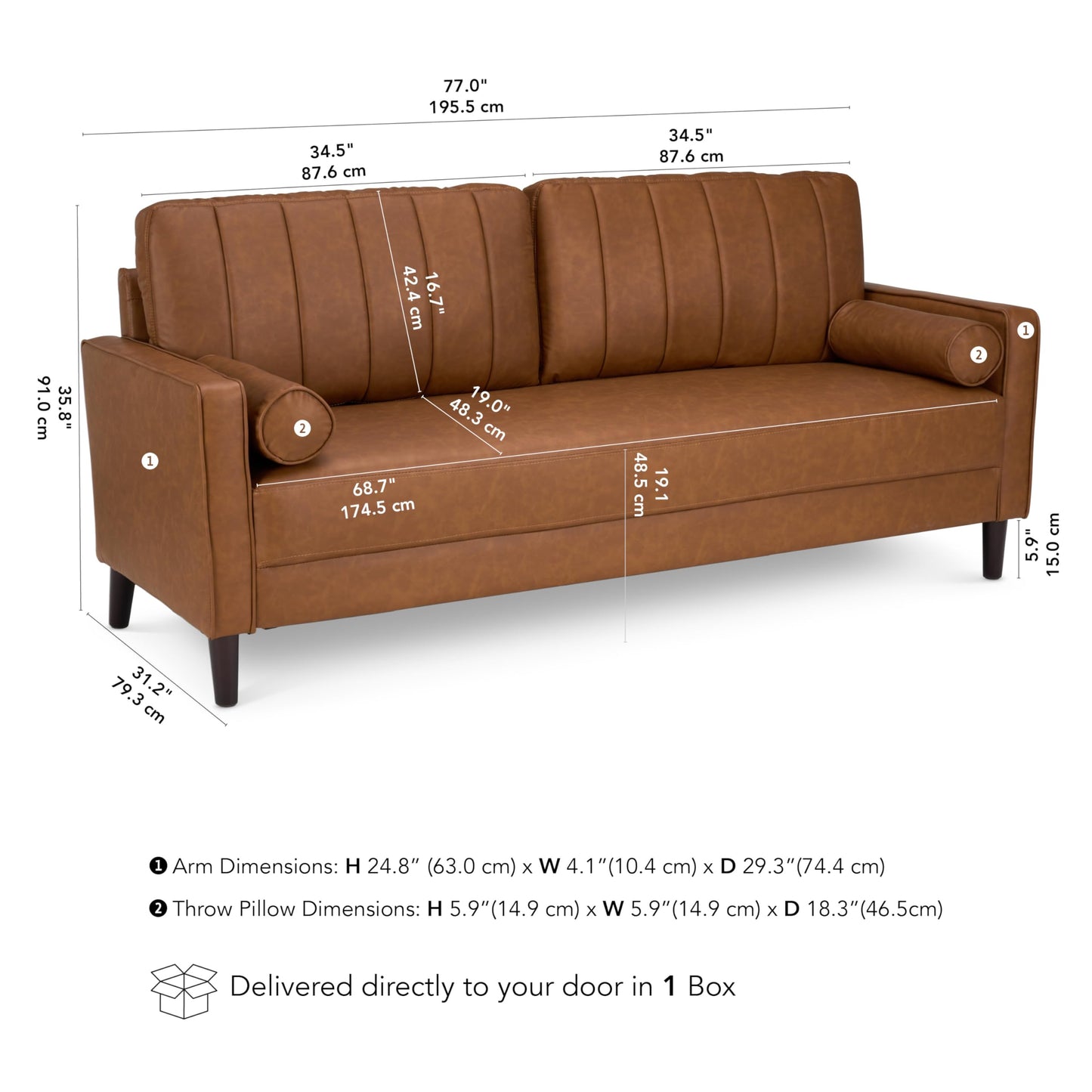 Bush Home 77-inch Sofa, Living Room Furniture, Max Collection, Buffed Camel Vegan Leather