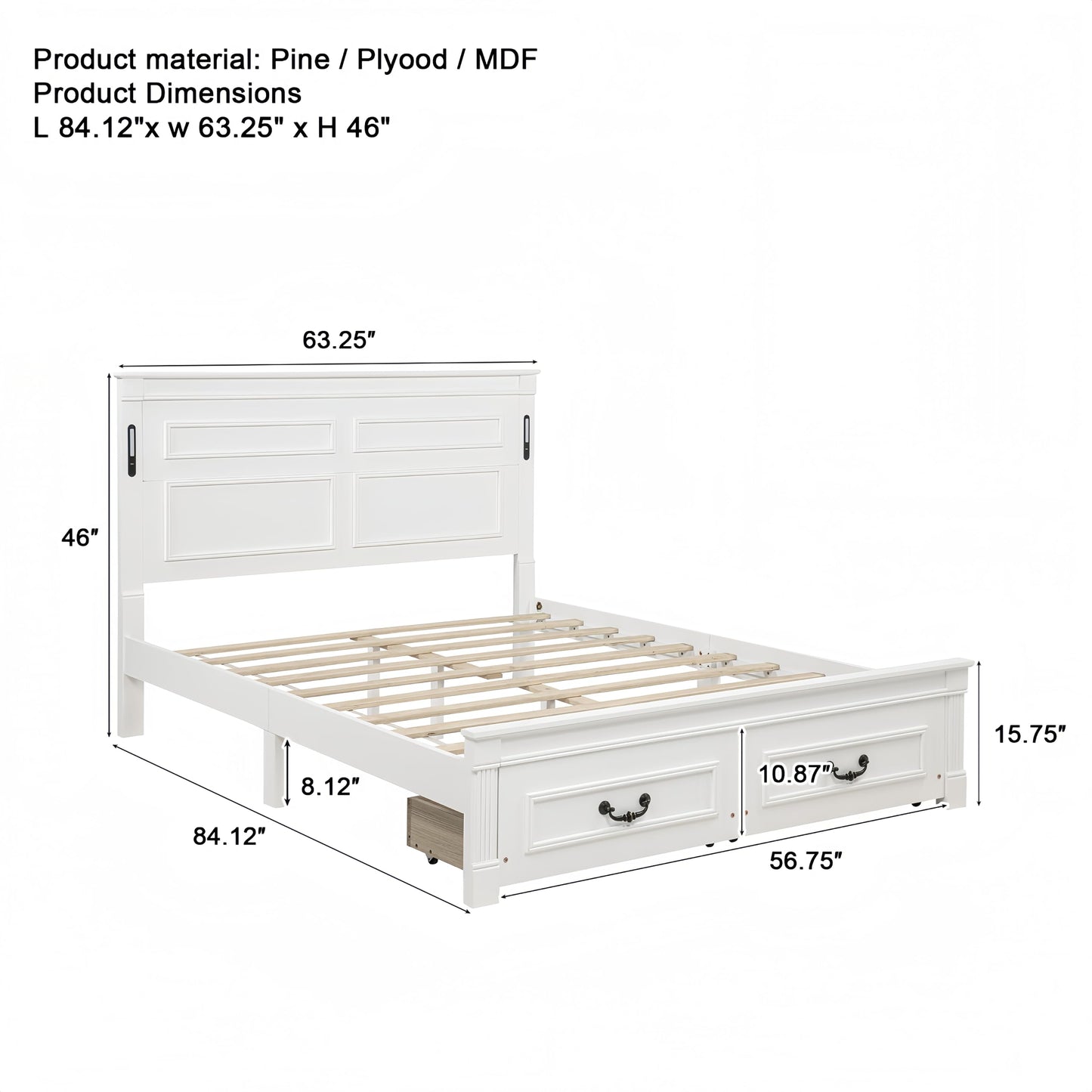 KEIKI Queen Size Farmhouse Bed Frame with 2 Storage Drawers & LED Lights & USB-C Charging Ports, Solid Wood Platform Bed with Tall Panel Headboard & Footboard, No Box Spring Needed, White