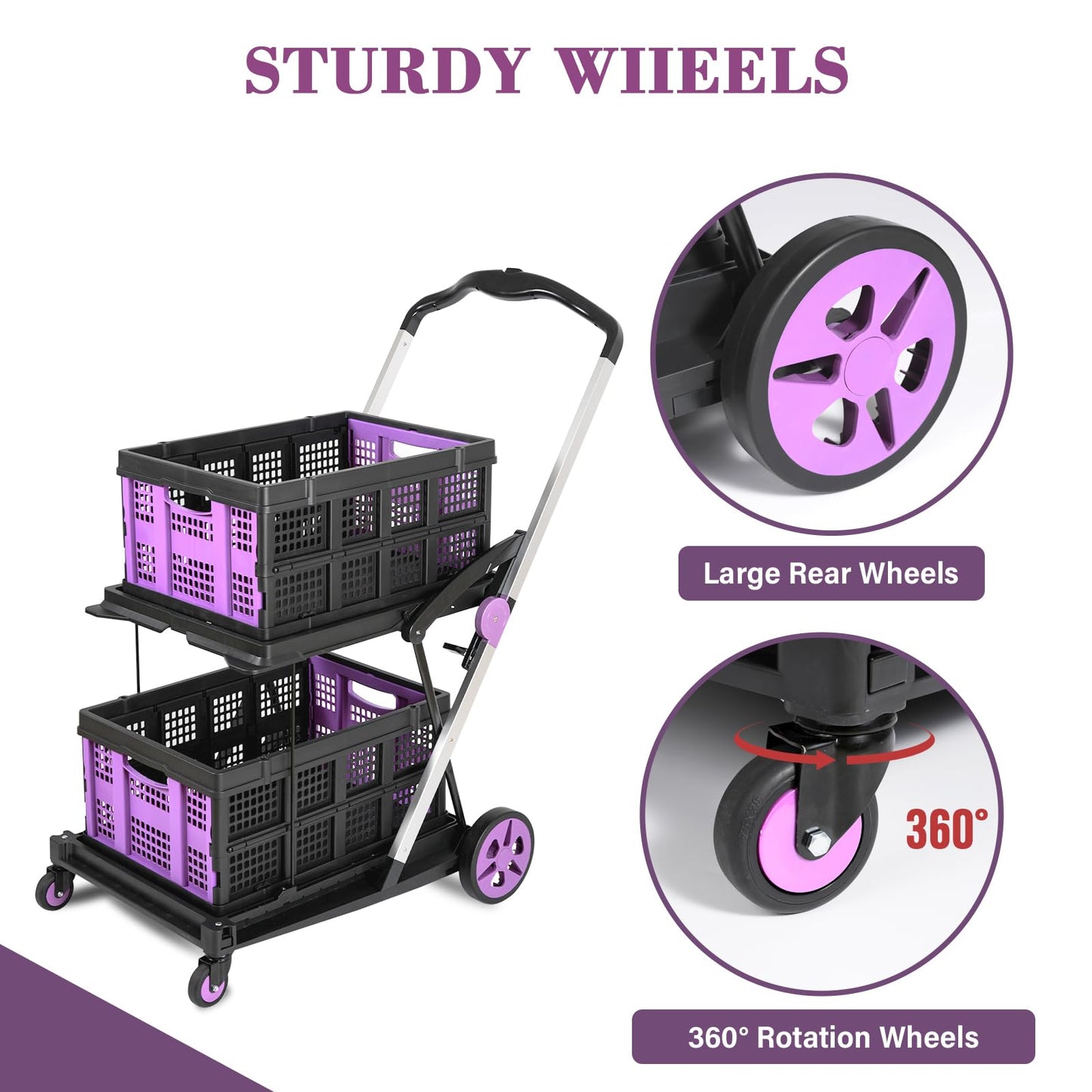 Collapsible Shopping Cart on Wheels, Folding Shopping Cart with 360° Swivel Wheels, Multi Use Utility Cart Adjustable Portable Trolley with 2 Storage Crate, Used for Picnic, Supermarket, Purple
