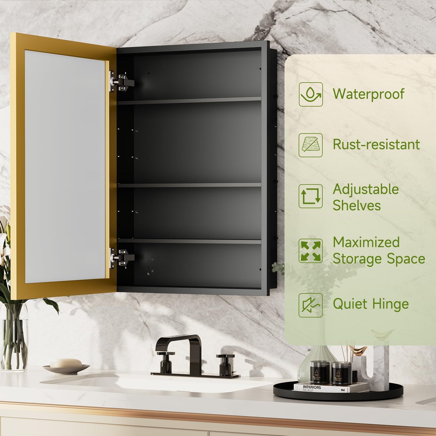 HGLITEDMIR 16 x 24 Inch Medicine Cabinet Recessed or Wall Mount Aluminum Bathroom Medicine Cabinet with Mirror and 3 Adjustable Shelves for Bedroom Entryway Dressing Room Apartment and Hotel Gold
