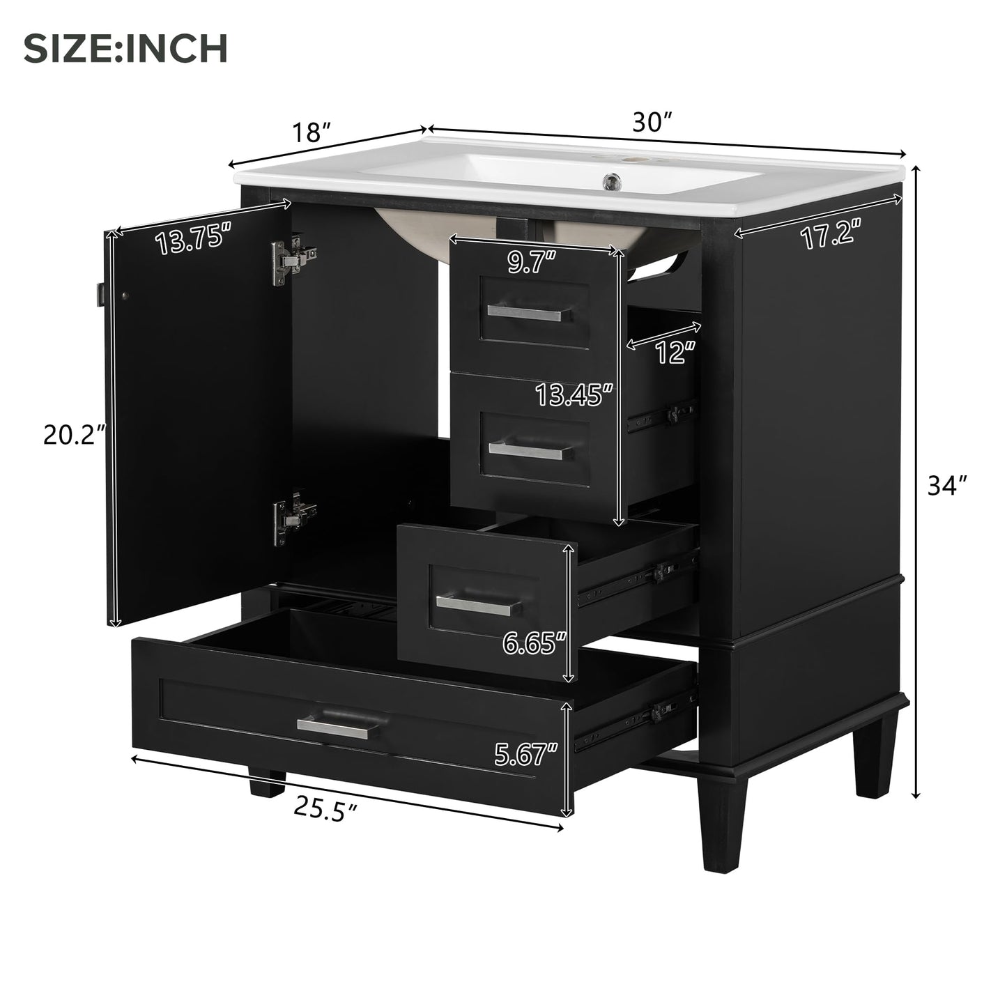 Merax 30" Black Bathroom Vanity with Sink Combo Set, Modern Storage Cabinet with a Soft Closing Door and 3 Drawers